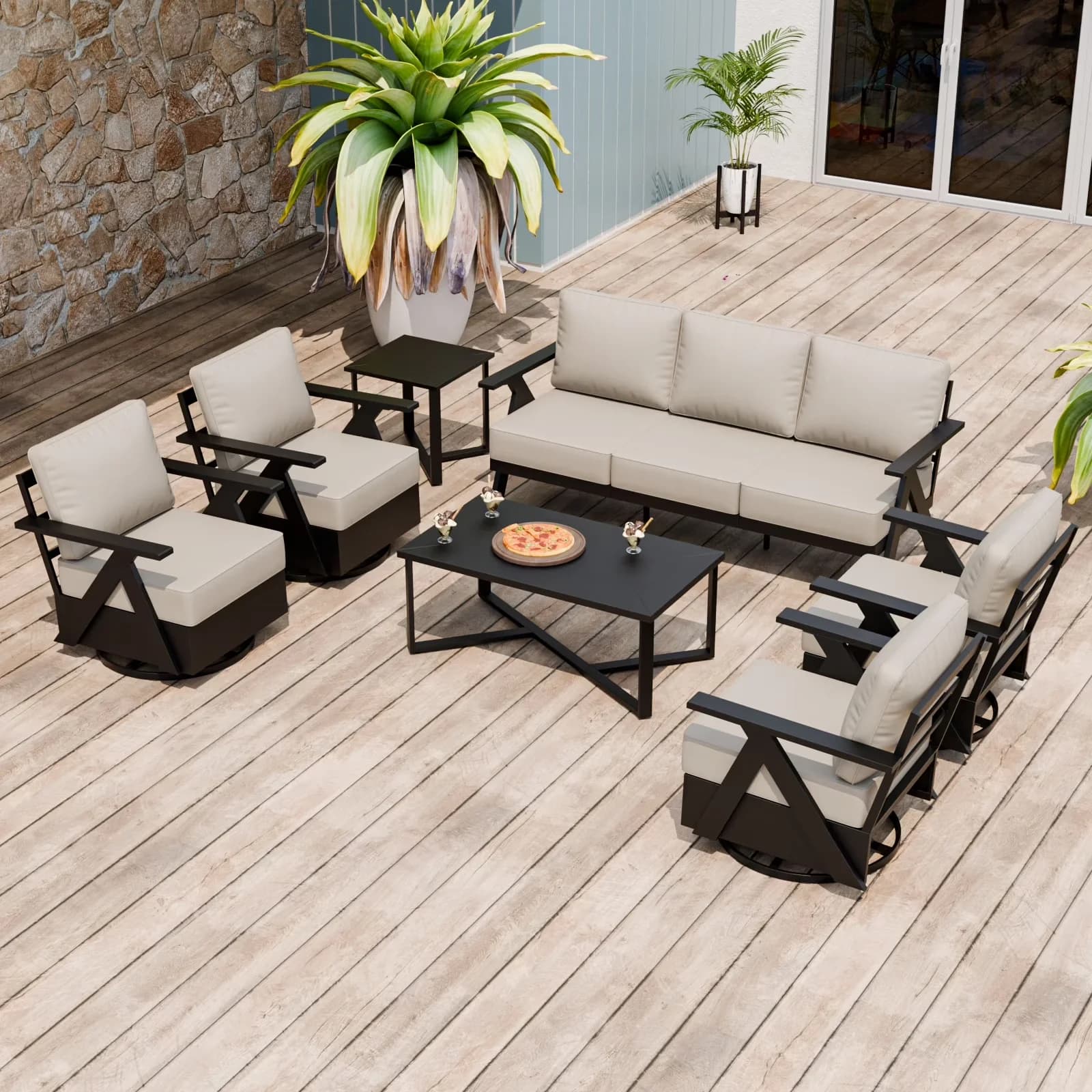 Patio Conversation Set Essential with 4 Swivel Chairs, Couch - Black/Beige Steel;Aluminum Model 0D43E9