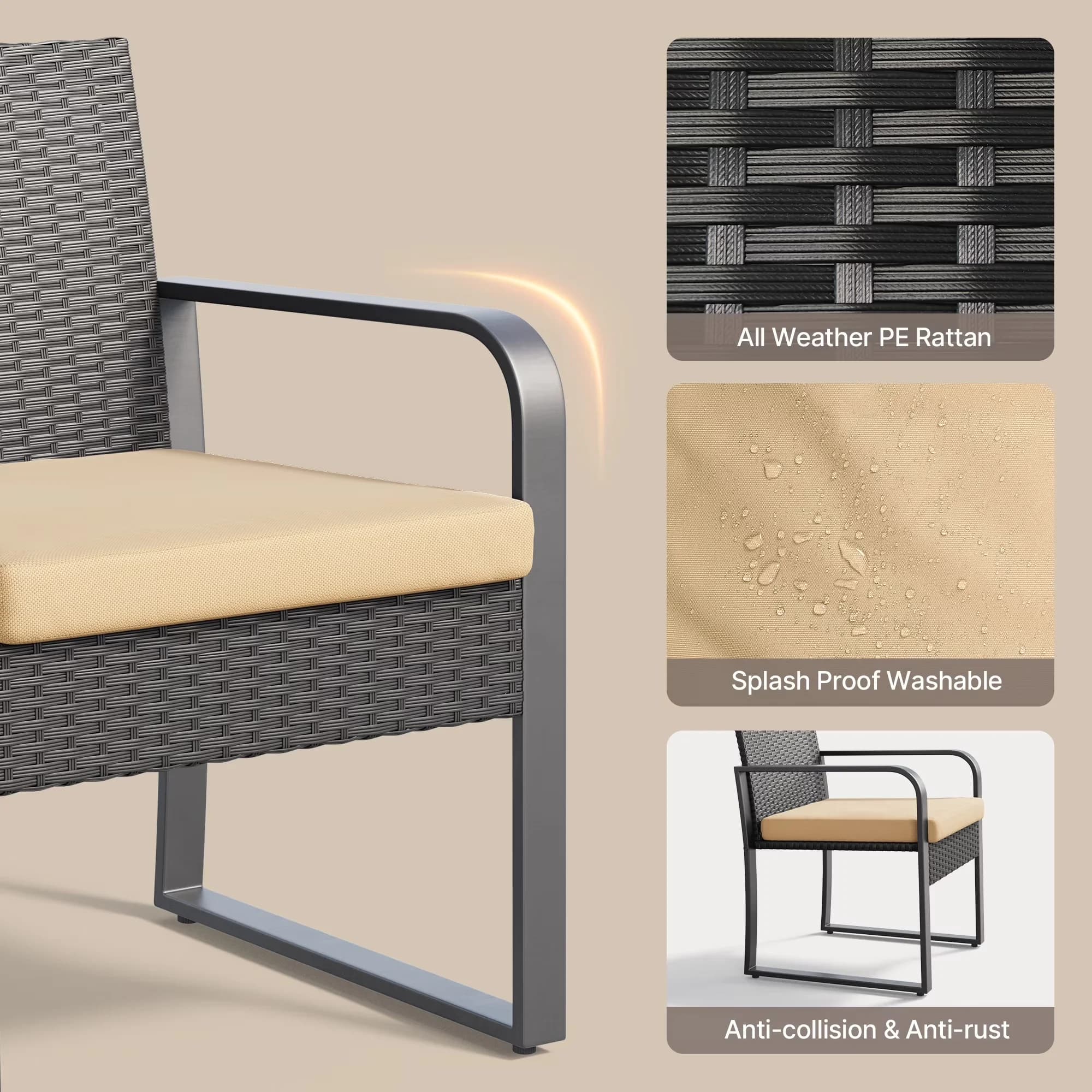 Sleek Patio Dining Set with Removable Cushion Cover, Weather-Resistant Materials - Gray Steel,Pe Rattan,Tempered Glass,Polyester for... Model 567E71