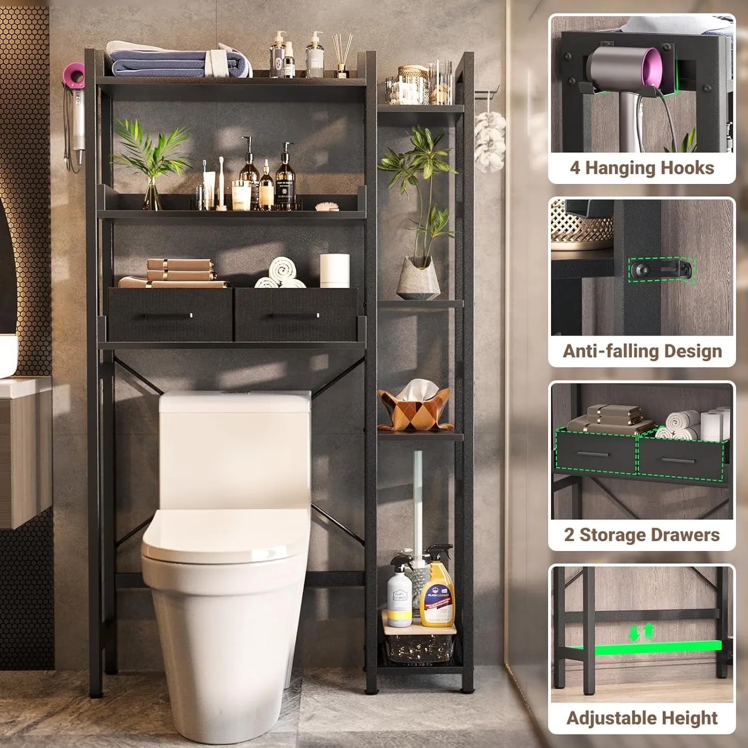 Bathroom Renovation Premium with Divided, Hanging, Over the Toilet Storage Upgraded version - Black Mdf Board, Metal Model 5AF62B