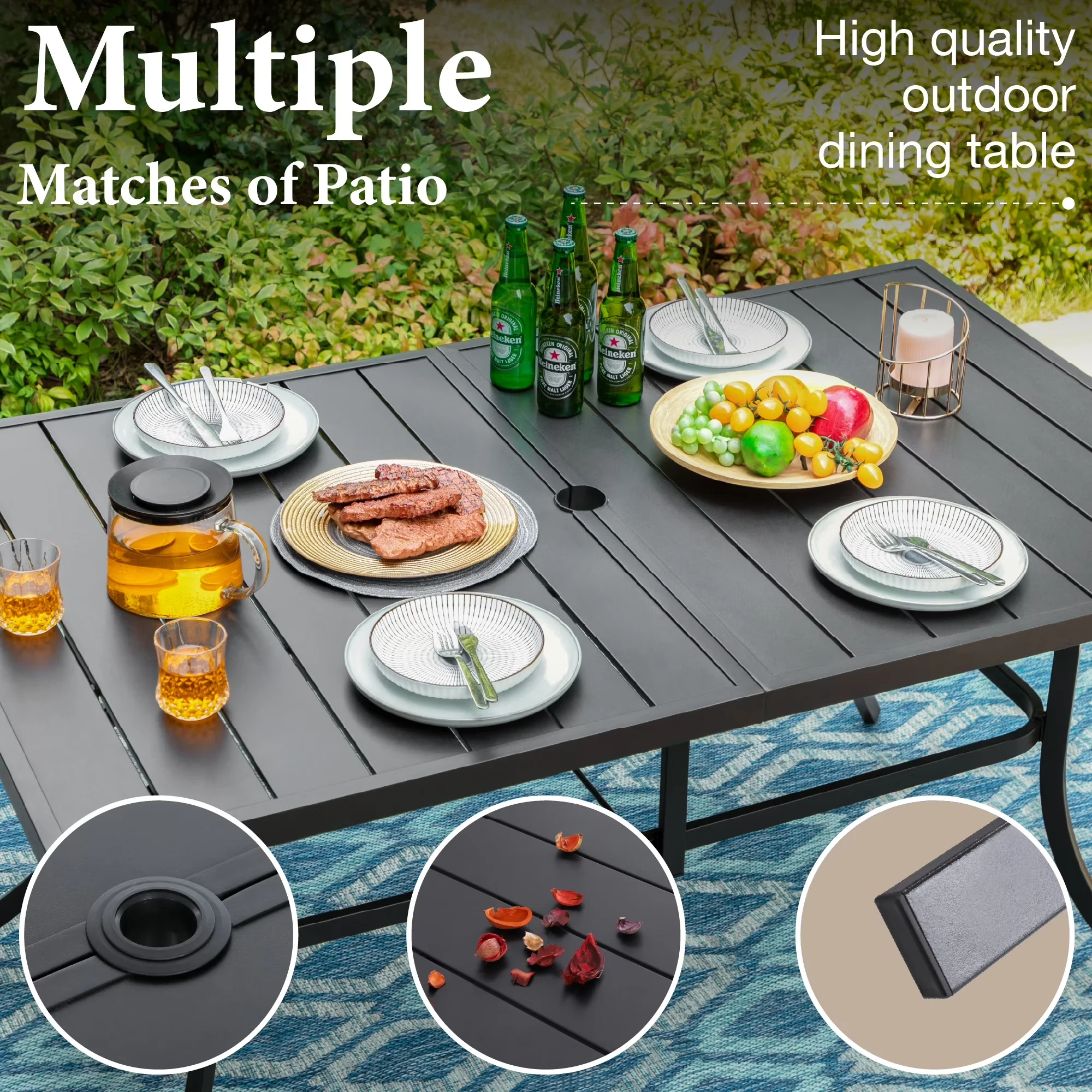 Premium Patio Dining Set with Weatherproof, Umbrella Hole, Black & Tan - Steel & Textilene Black Model 97A6BD