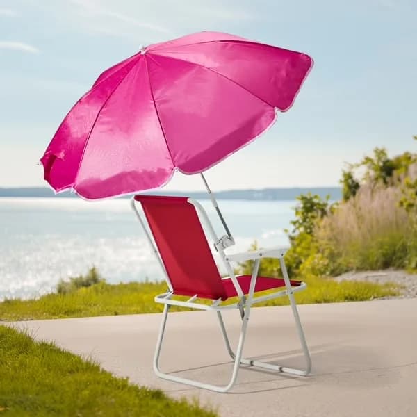 Essential Beach Chair with Folding, Umbrella - Pink Iron, Pe Oxford Cloth for Camping Model 0F8810
