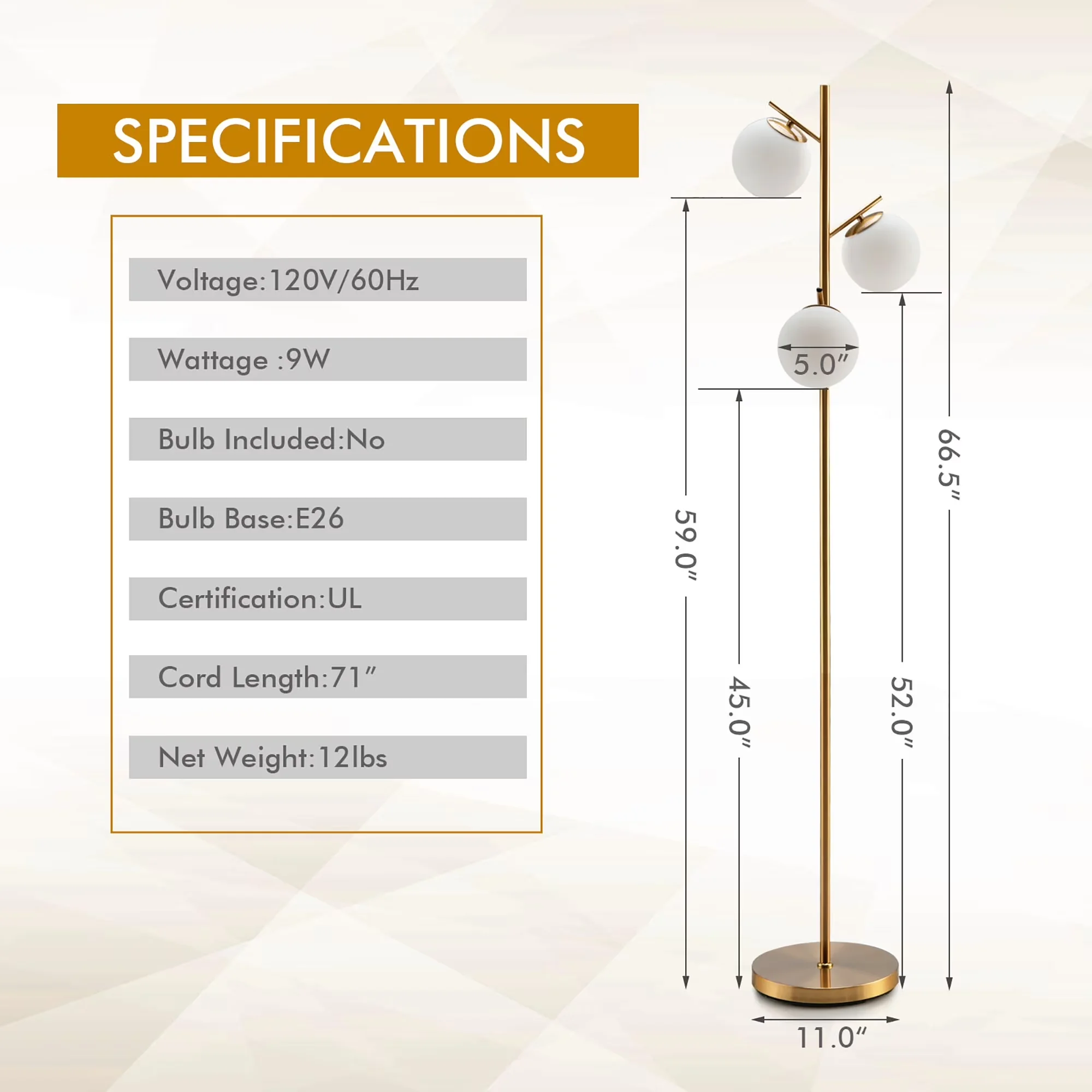 Floor Lamp Compact with LED, Adjustable Height - Gold Steel + Glass Globe Model 6209A9
