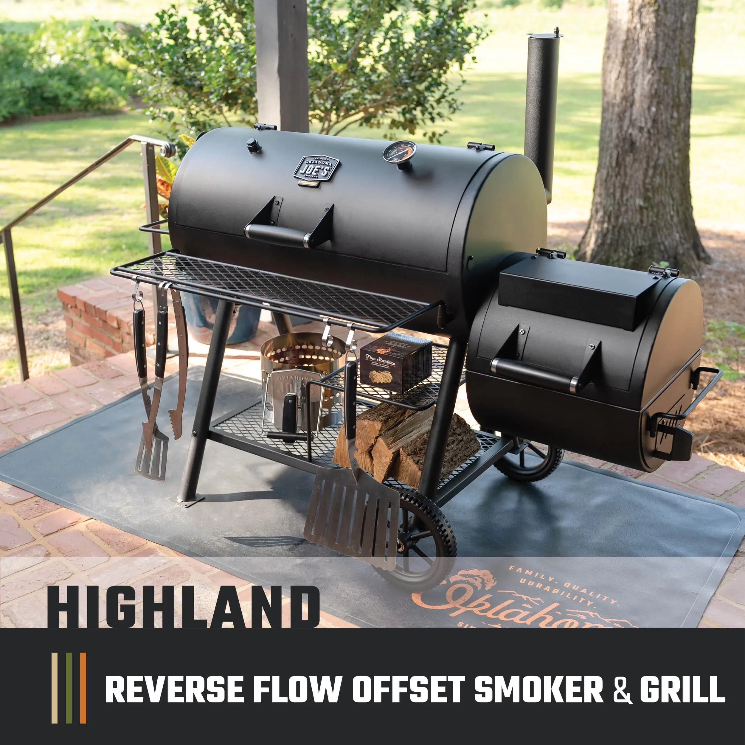 Stylish Smoker with Storage Rack, Offset Firebox, ® Highland Reverse Flow Offset - Heavy Duty Steel Model 0EA6D4