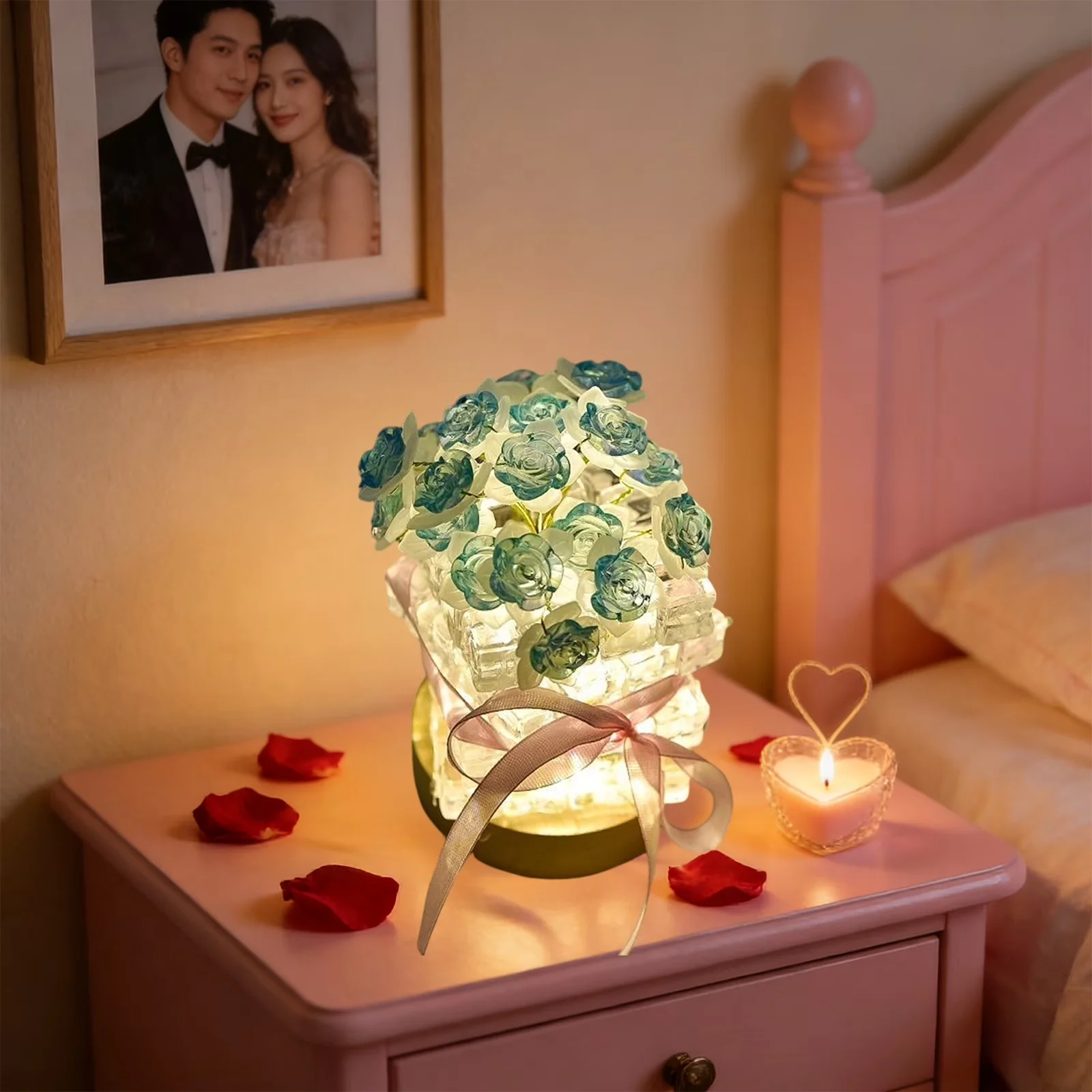 Essential Lamp Set with LED, Contemporary, DIY Romantic Rose Night Light Kit - Plastic Blue for Home Model 165AC0