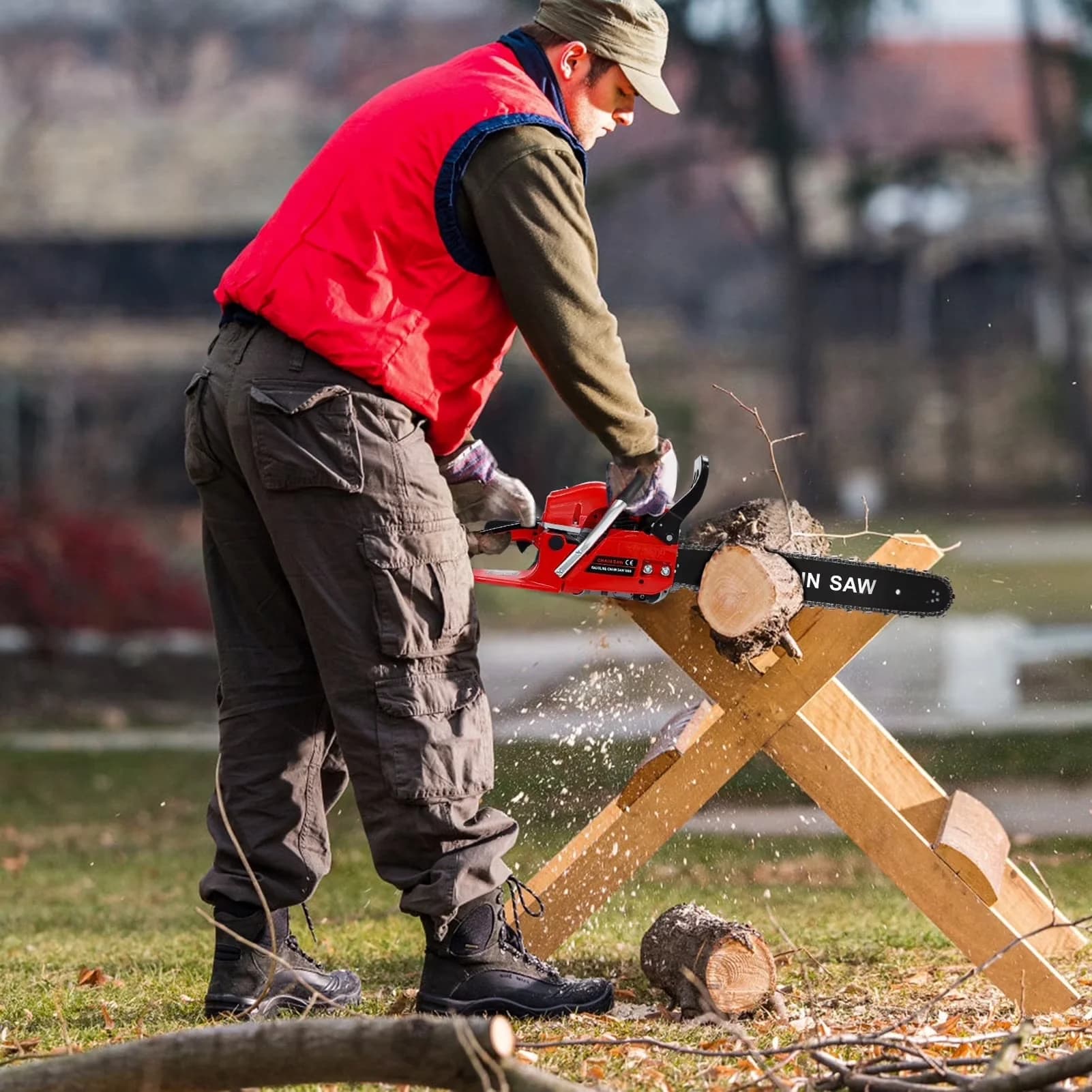 Professional Chainsaw with Automatic Chain Oiler, High-Power Logging Saw - Red Model 7666F4