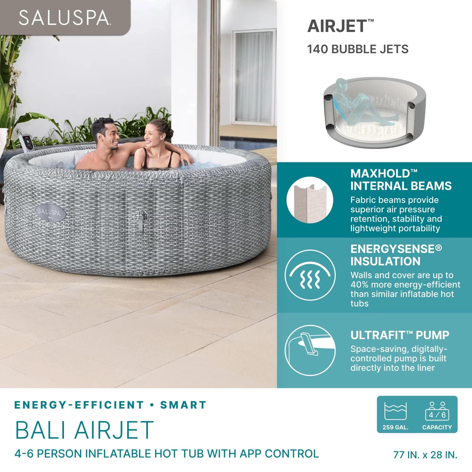 Efficient Hot Tub with Inflatable, 4-6 Person Round Spa, 77 in x 28 in - Gray Model CDAB25