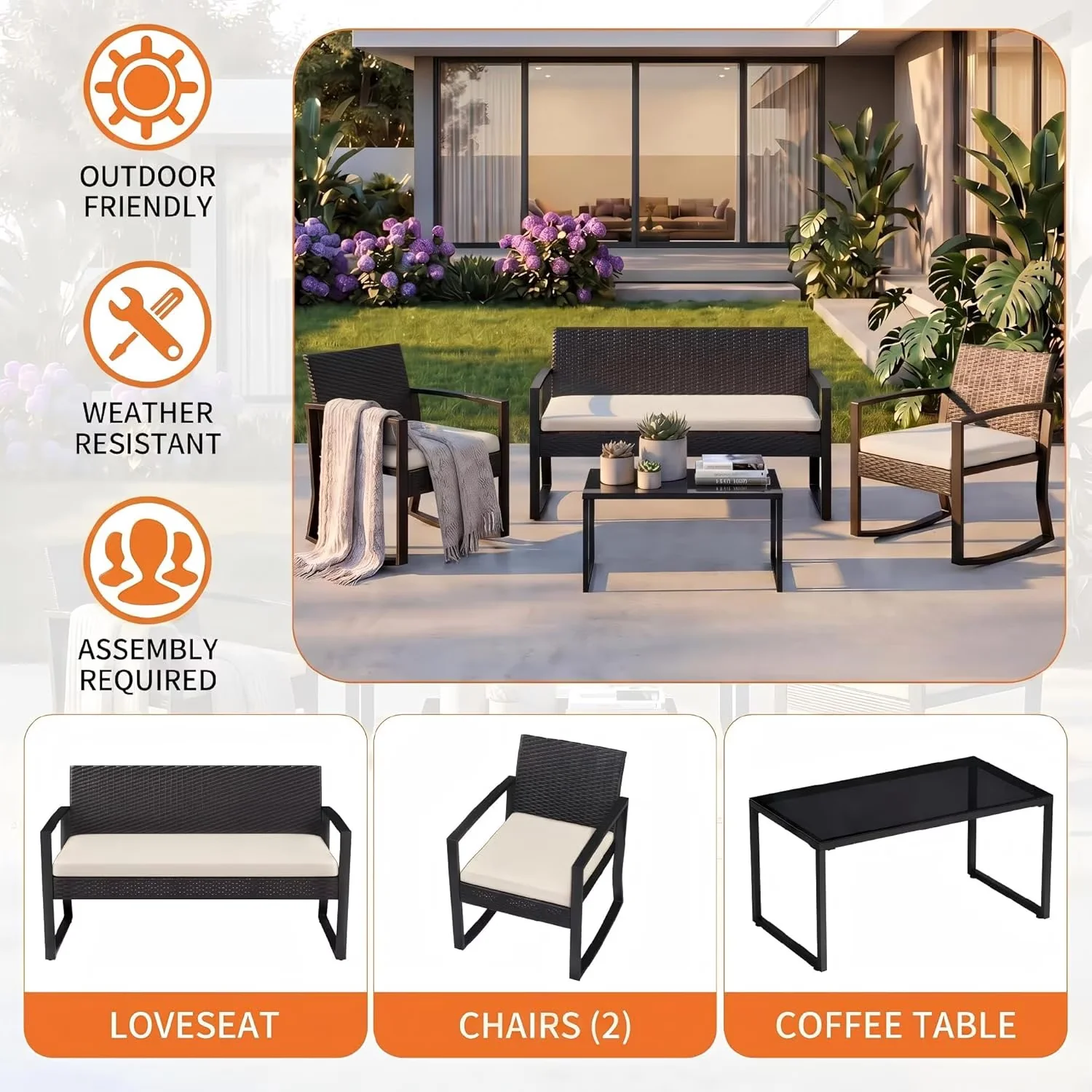 Modern Patio Conversation Set with Ideal, Coffee Table and Beige Soft Cushions, Weather Resistant Woven Outdoor Seating - Black... Model AF35B3