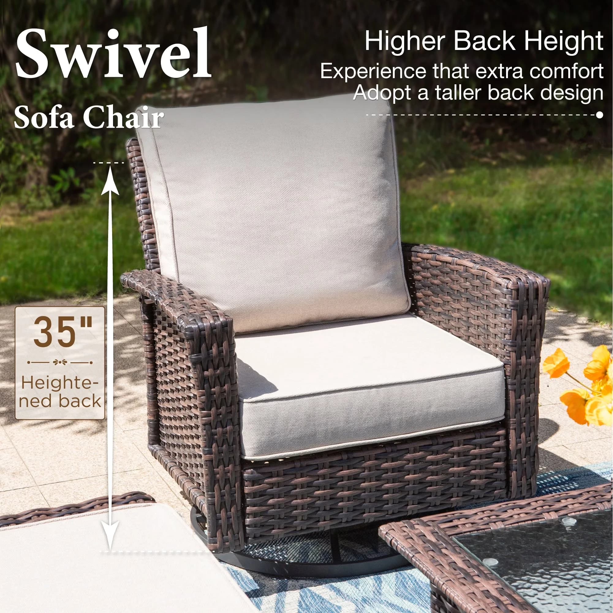 Patio Chair Stylish with Weather-Resistant, Modern, 2-Piece Outdoor Swivel Chairs - Beige Metal Steel & Wicker for Garden Model D0BE78