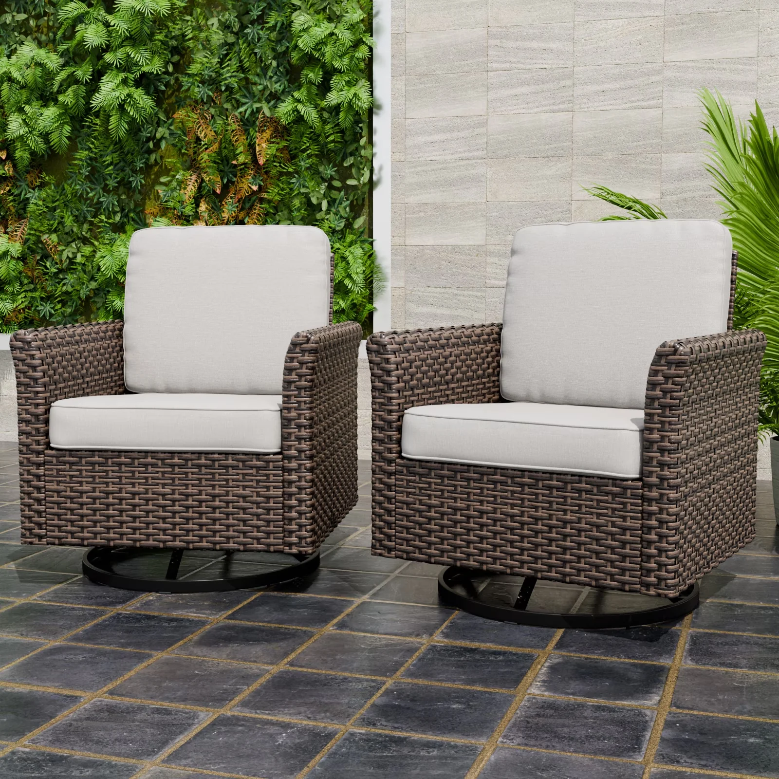 Versatile Patio Chair with Swivel, Extended Armrest, Beige Cushions - Brown Metal+Wicker Model BCE3E0