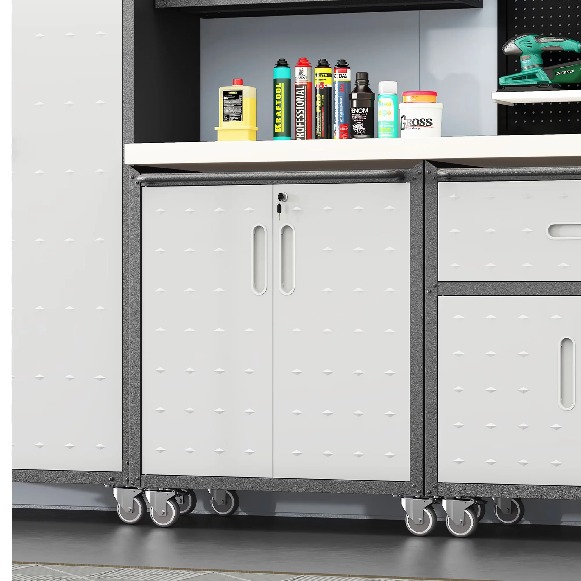 Garage Storage Supply Versatile with Lockable, Lockable Wheels - Metal Gray Model E9CA3C