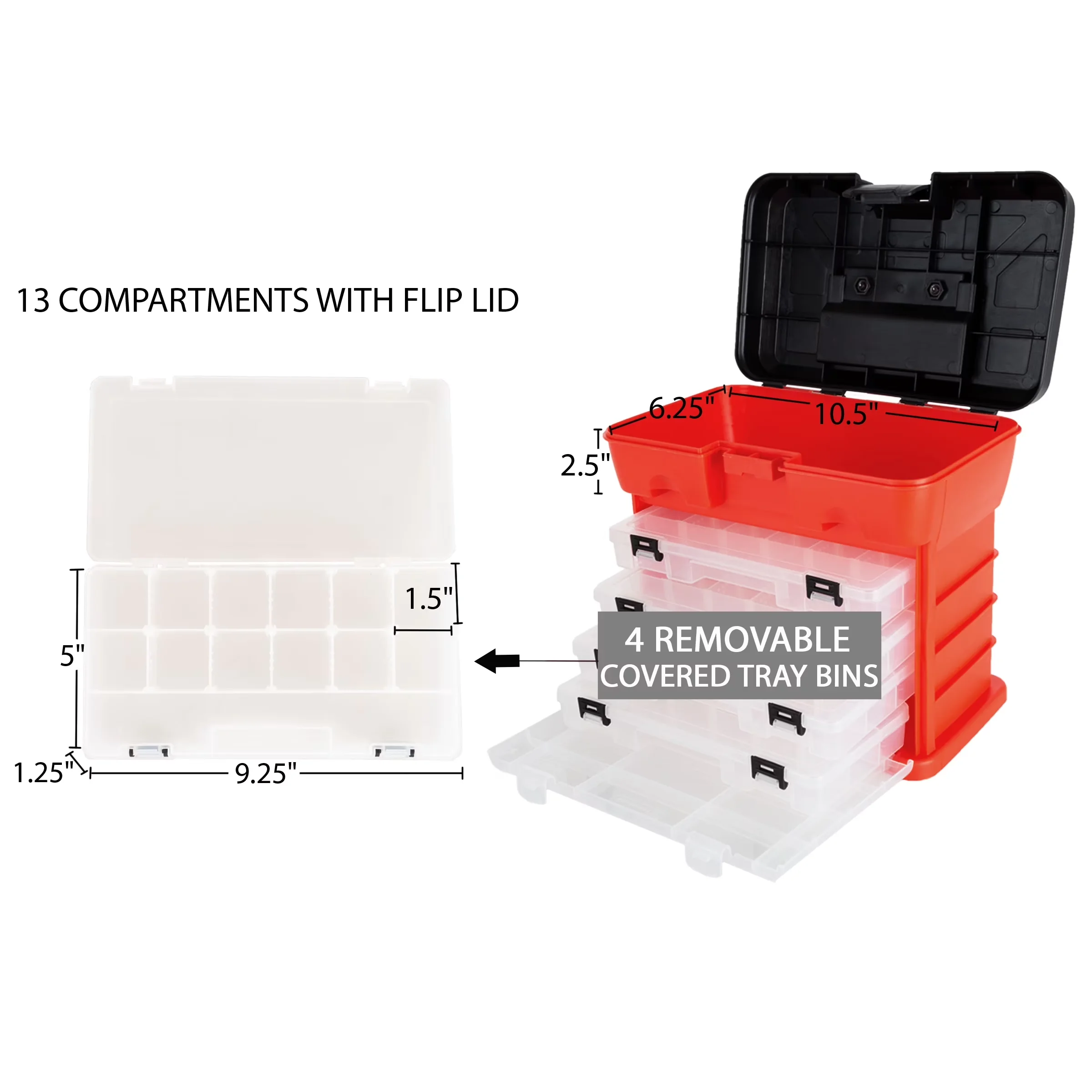 Essential Toolstorage with Storage, 4 Multi-Compartment Trays, Portable Tool Storage Box - Plastic Red Model D07072