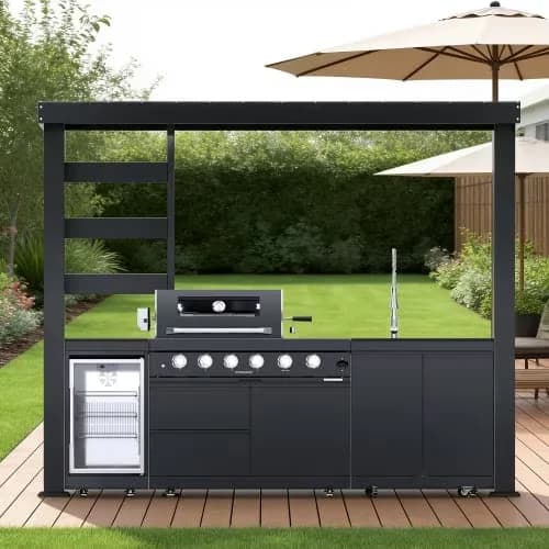 Stylish Gas Grill with 72000 BTU, Storage Cabinets & Drawers, Wine Cooler Refrigerator - Stainless Steel Model 74E6E0