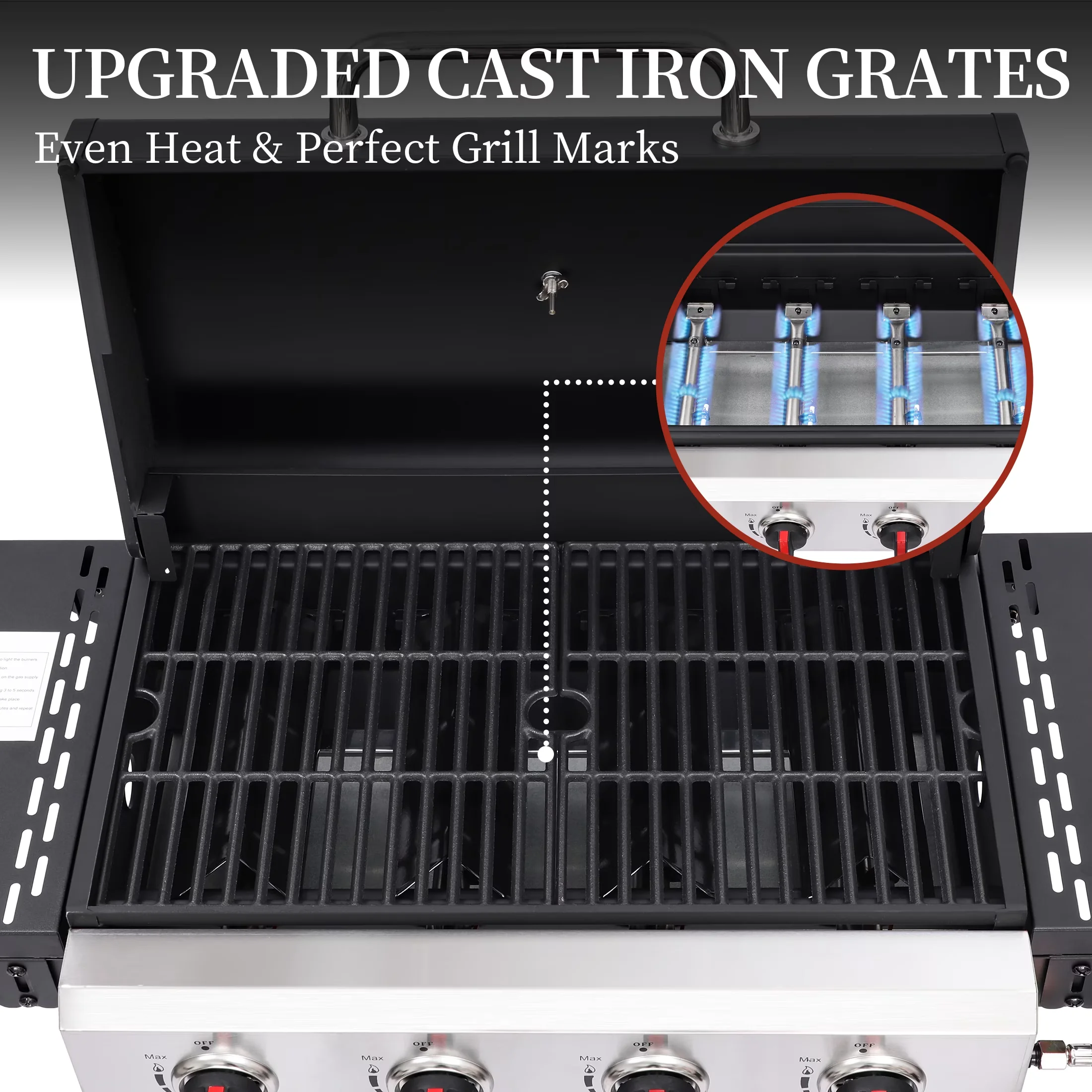 Sleek Gas Grill with Grease Pan, Tool Holder, Heat Thermometer - Silver Powder-Coated Steel, Stainless Steel, Porcelain-Enameled Cast... Model B09967