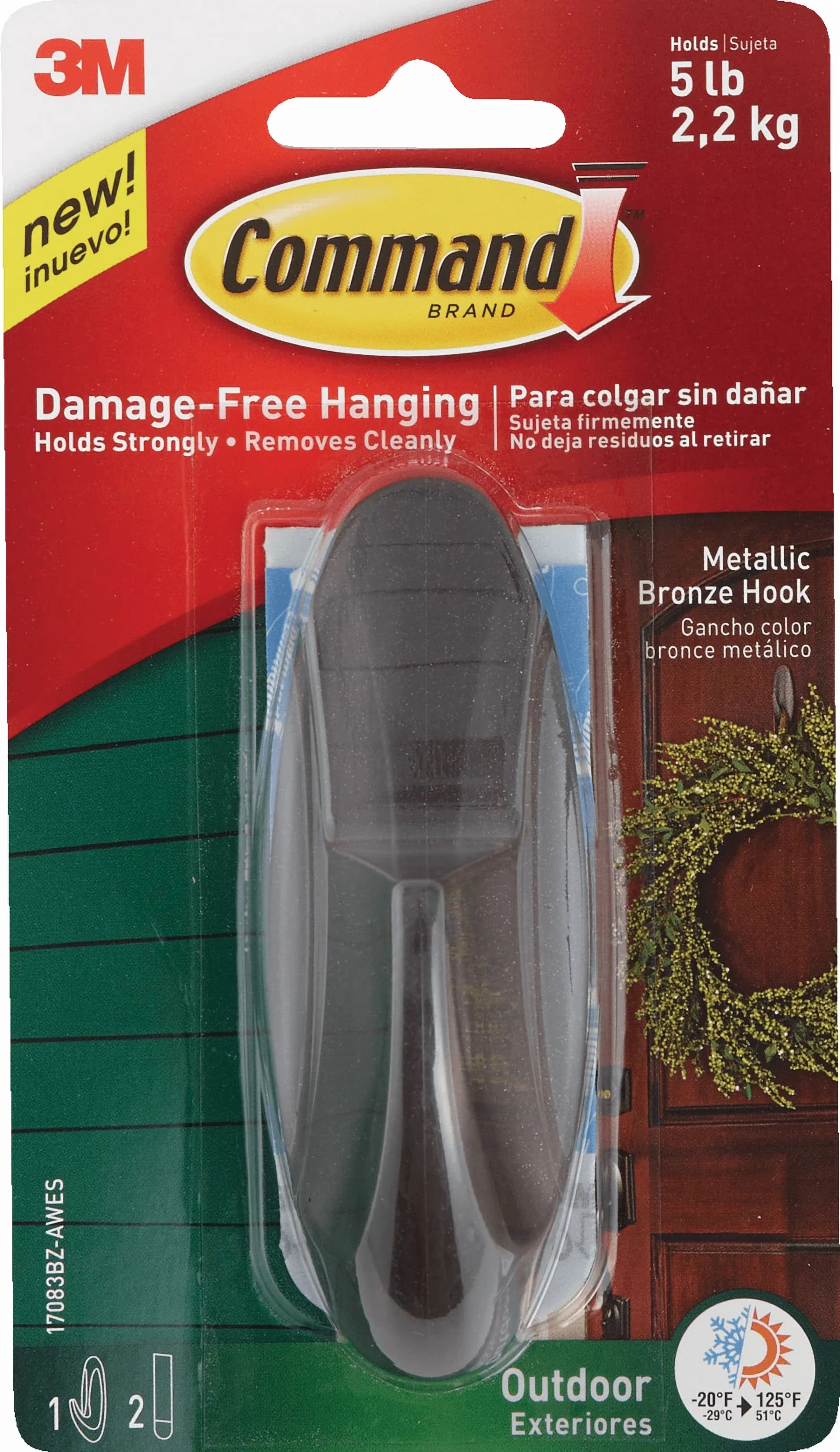 Durable Damage-Free Hanging with Standard Application, Outdoor Metallic Bronze Hook, Pack of 2 — Residential Use - Silver Plastic Model 342909