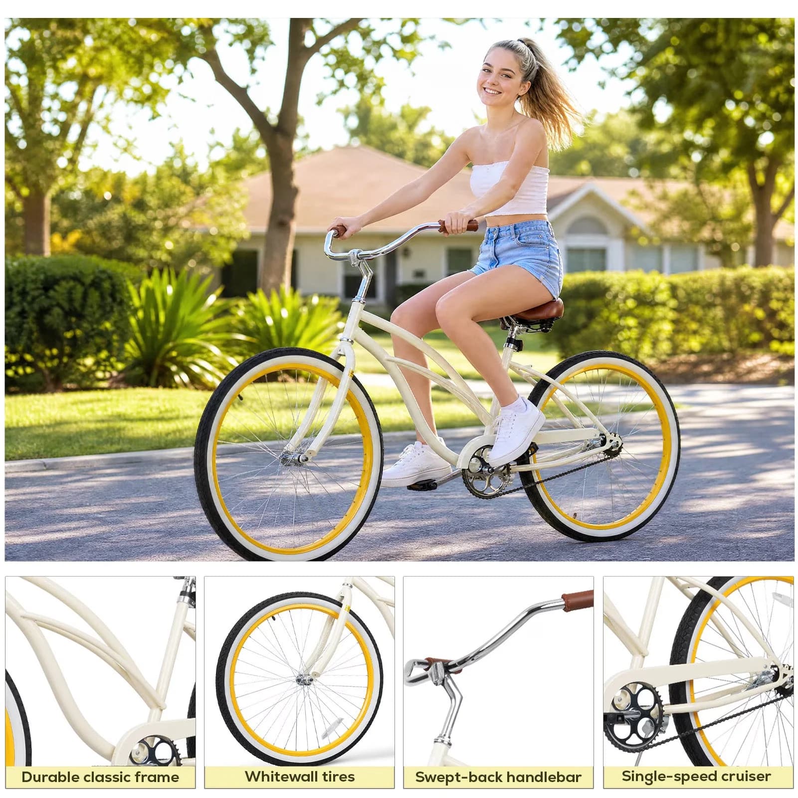 Versatile Cruiser Bike with Adjustable Seat, 24 inch Beach Bicycle Single Speed - White Model D5DBDD
