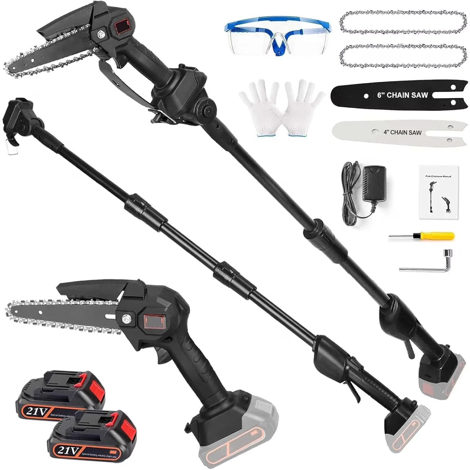 Stylish Pole Saw with 21V, 6" & 4" Cutting Capacity, 2-IN-1 Cordless - Black Model 7B86D4