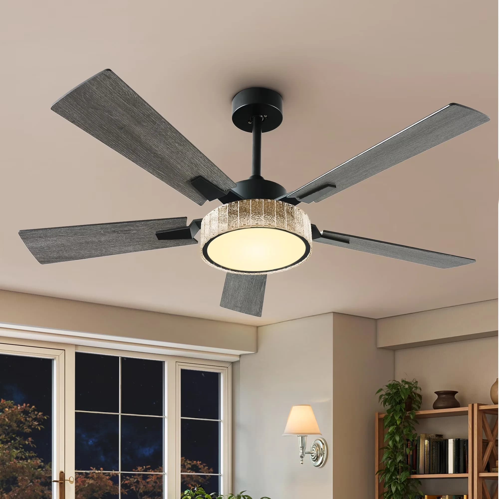 Professional Ceiling Fan with LED, Smart Technology Capable, Farmhouse - Black Acrylic Model B11CD2