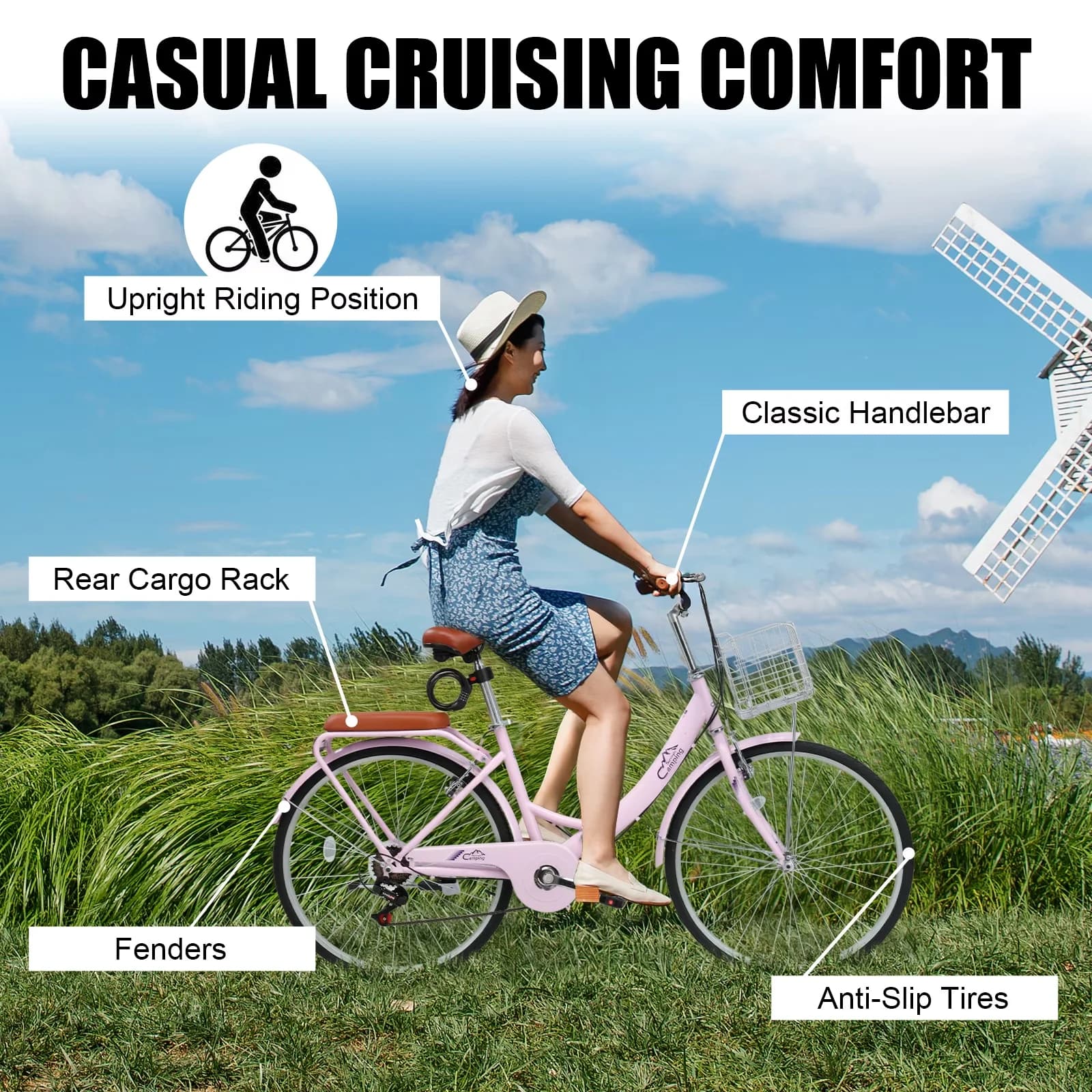 Versatile Cruiser Bike with Compact, Adjustable Speed, 26 Inch Folding Beach - Pink Model 97A7CD