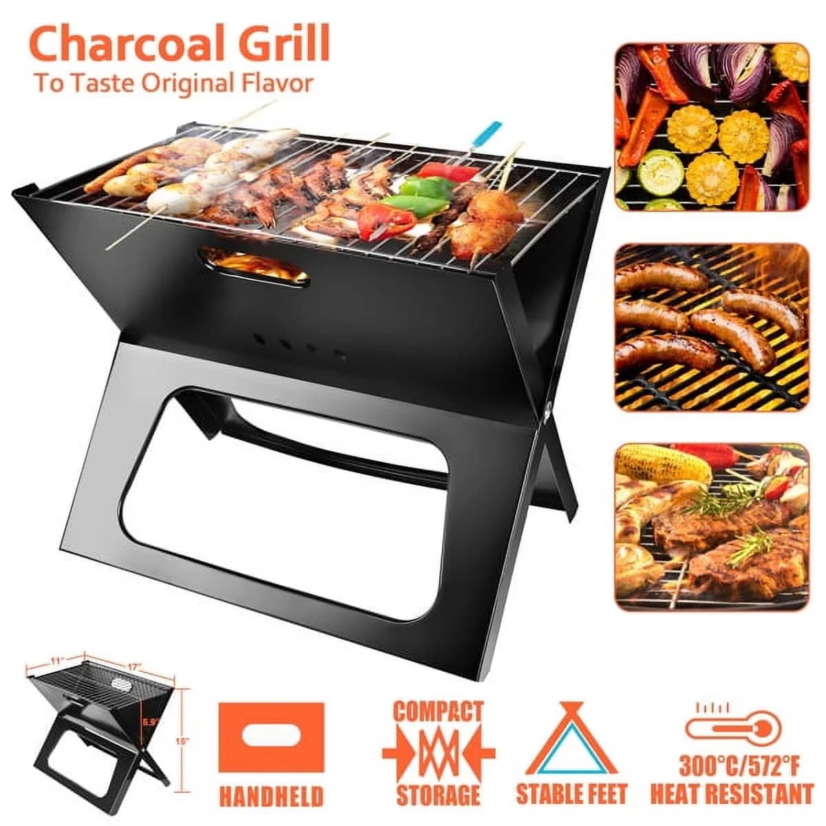 Charcoal Grill Modern with Foldable - Black Iron 17x10in - Compact and Portable Model 82D429