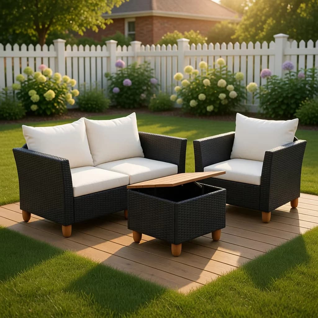 Patio Conversation Set Quality with Storage, Color of Cushion:Gray/Navy/Off White - White Pe Rattan, Acacia Wood, Metal, Polyester,... Model 6A459A