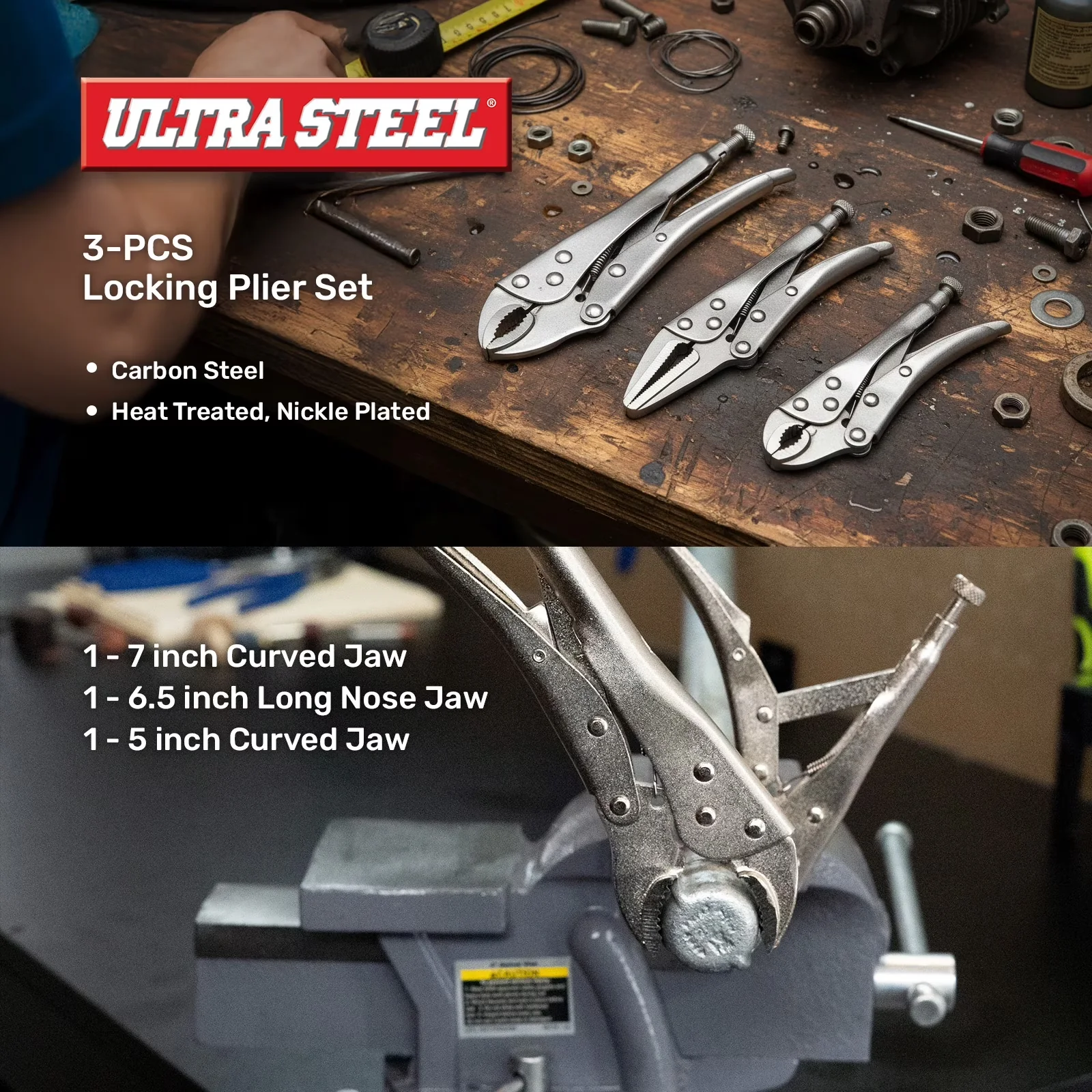 Hand Tool Set Sleek with Easy To Operate, 10PC Adjustable Wrenches & Locking Plier - Silver Model 6D2161