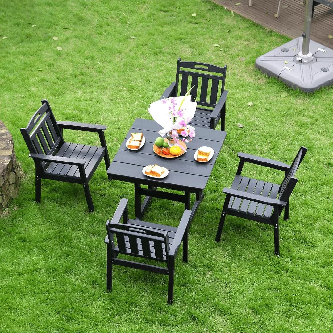 Patio Dining Set Compact with Weatherproof, Waterproof Outdoor Seating, Resenkos HDPE Compact 1 Table 4 Chairs - Black-5Pcs Hdpe Model 7DB1A8