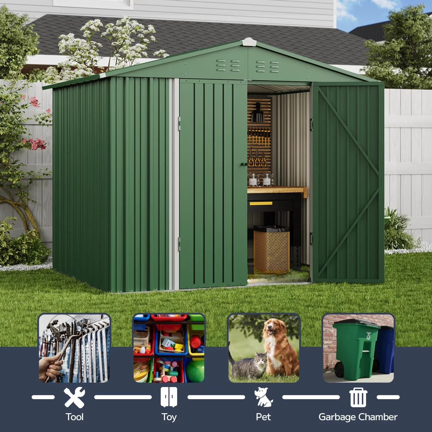 Professional Shed with Lockable Door, Color: Grey&Brown&Green - Steel Green for Patio Model C19D23