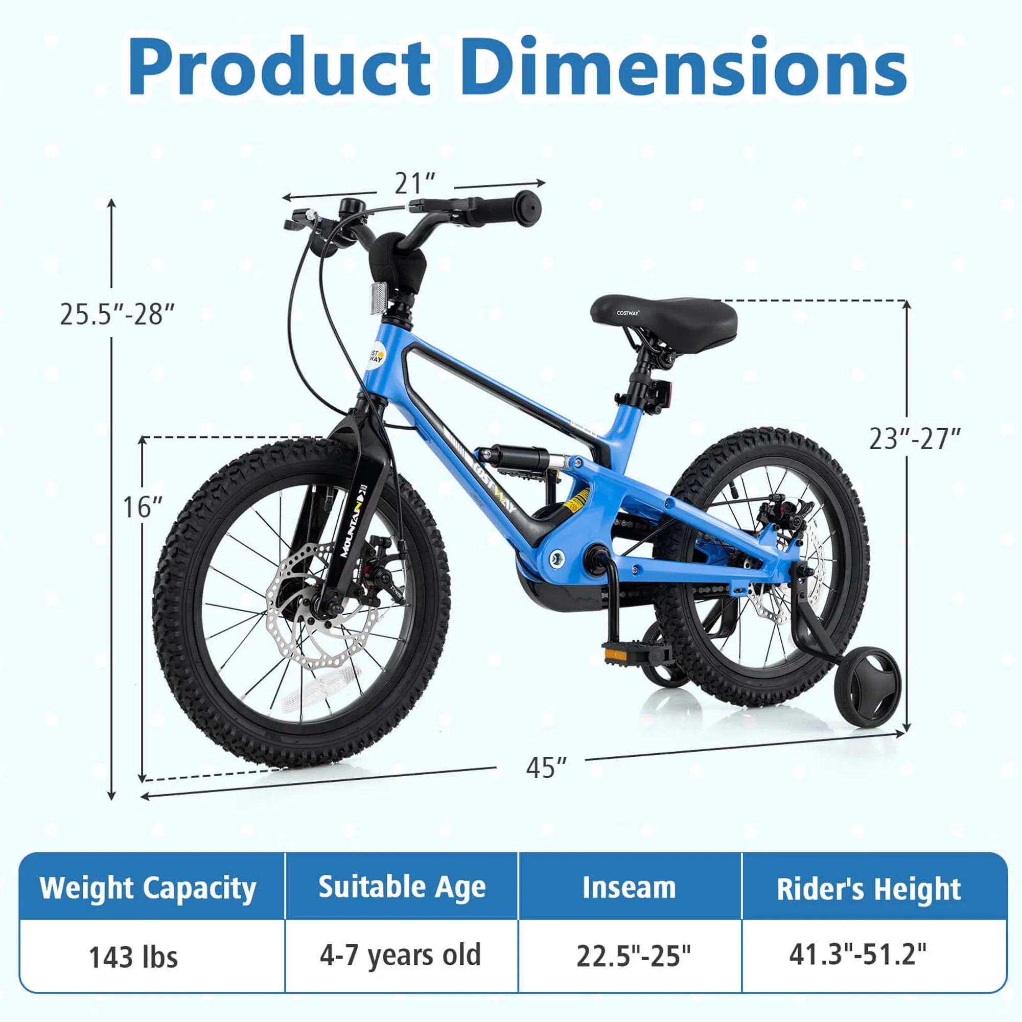 Kids Bike Stylish with Adjustable Seat, 16 Inch Children Bicycle - Blue Model A24D62