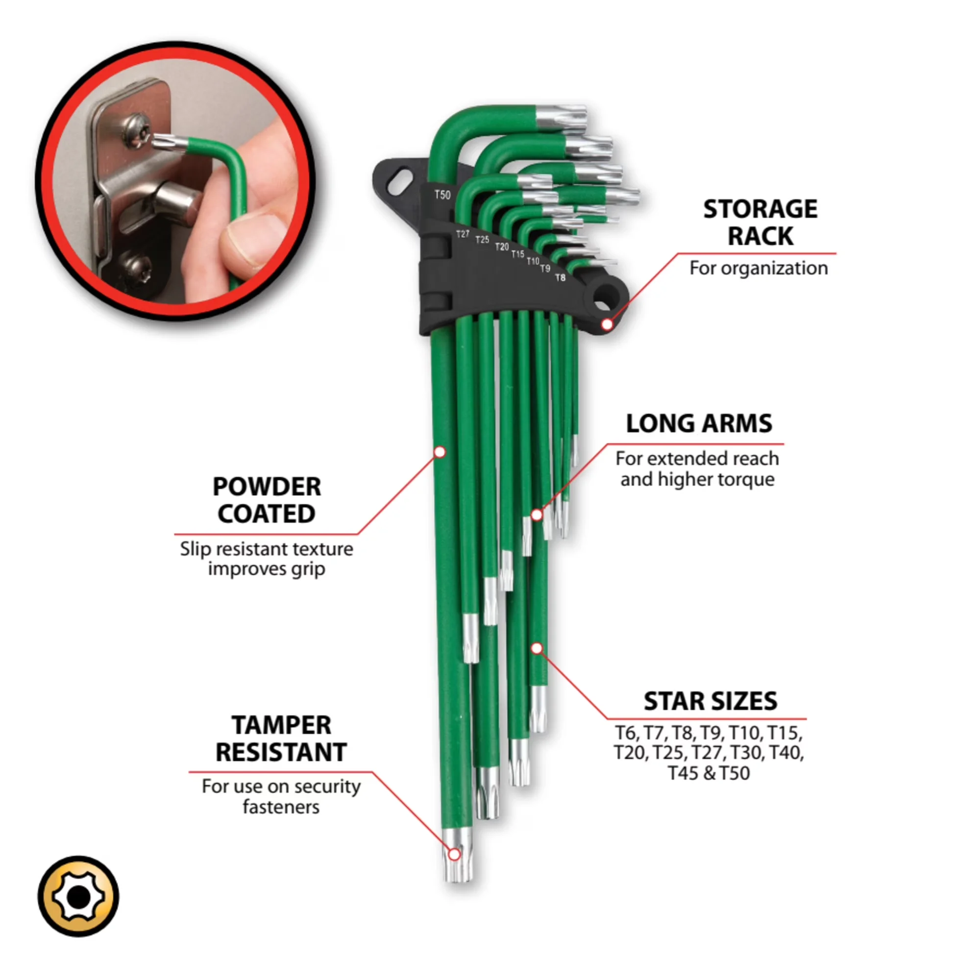 Hand Tool Set Innovative with Folding, 13 Pc. Long Arm Star Key - Green 1 Model 647815