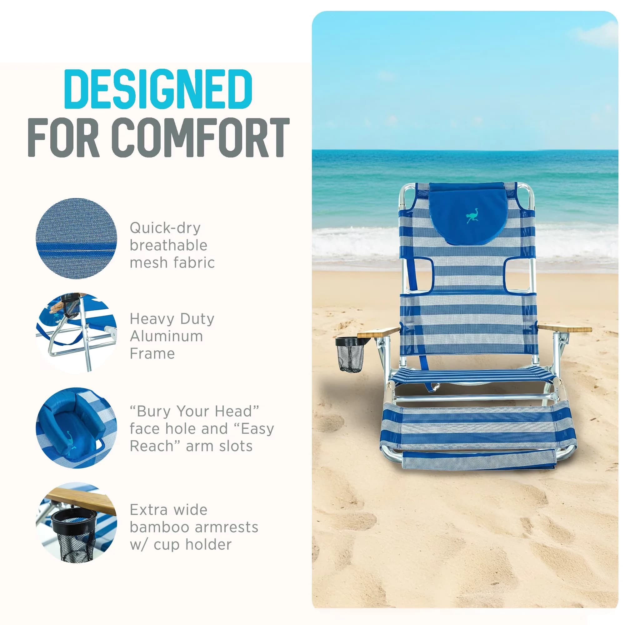 Durable Beach Chair with Adjustable, Folding - Blue Aluminum, Polyester Model D04BEA