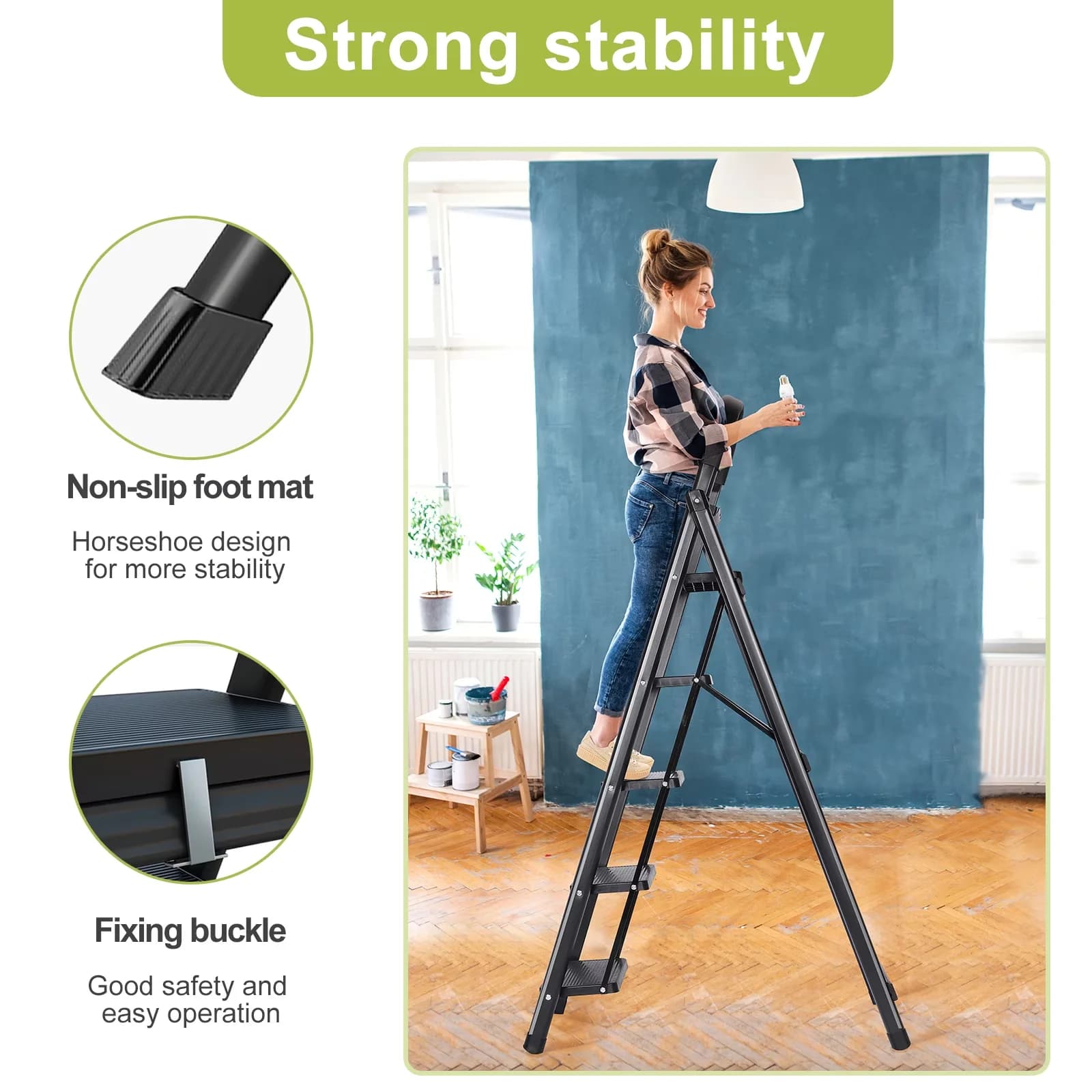 Classic Ladders And Step Stool with Wide Non-Slip Pedal Comfort Handgrip, 5 Ladder - Metal Black for Office Model 6AAD3A
