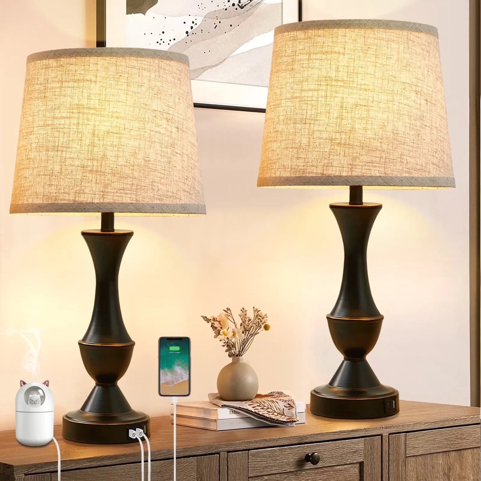 Durable Lamp Set with LED, Modern, Touch Lamps - Beige Metal - Space-Saving Design Model 2191D4