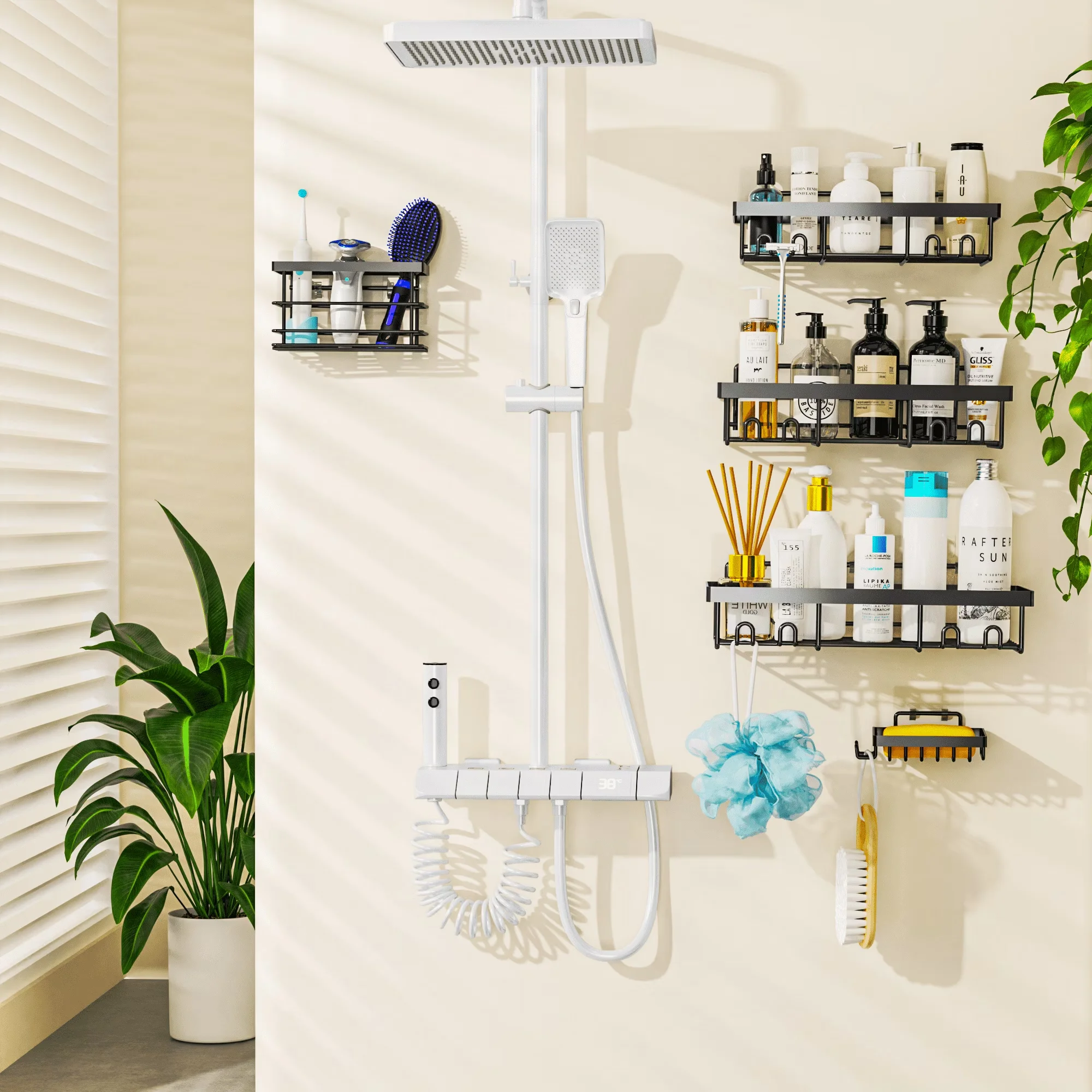 Durable Bathroom Renovation with Rust Resistant, 3 x Shower Shelves - Stainless Steel Black Model 68CD58