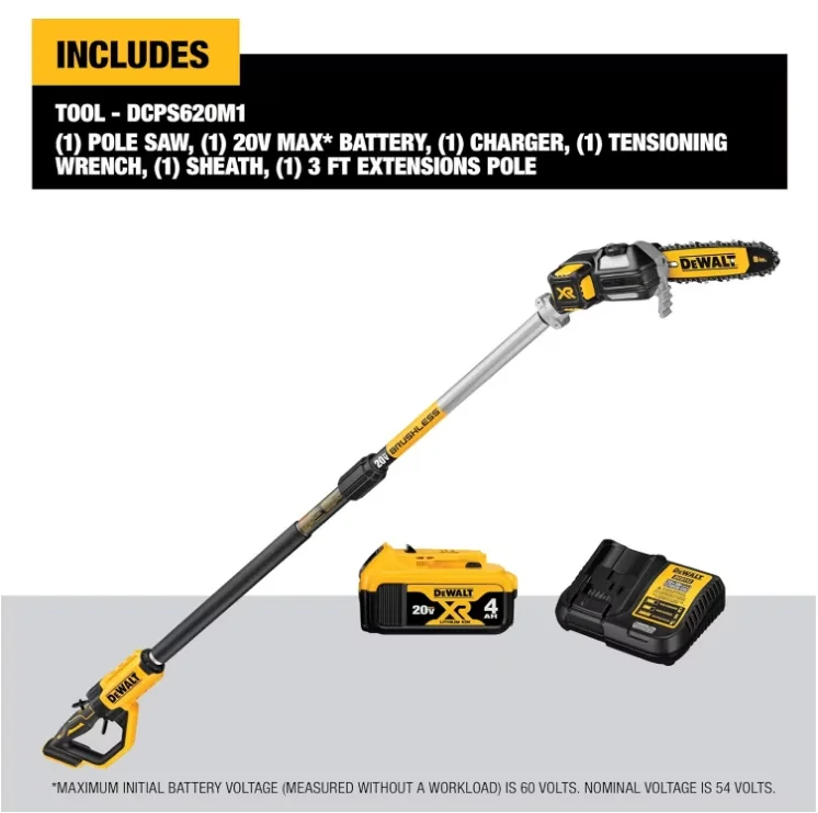 Classic Pole Saw with Battery, 20V, Automatic Chain Oiler - Yellow - Ergonomic Design Model 5938E3