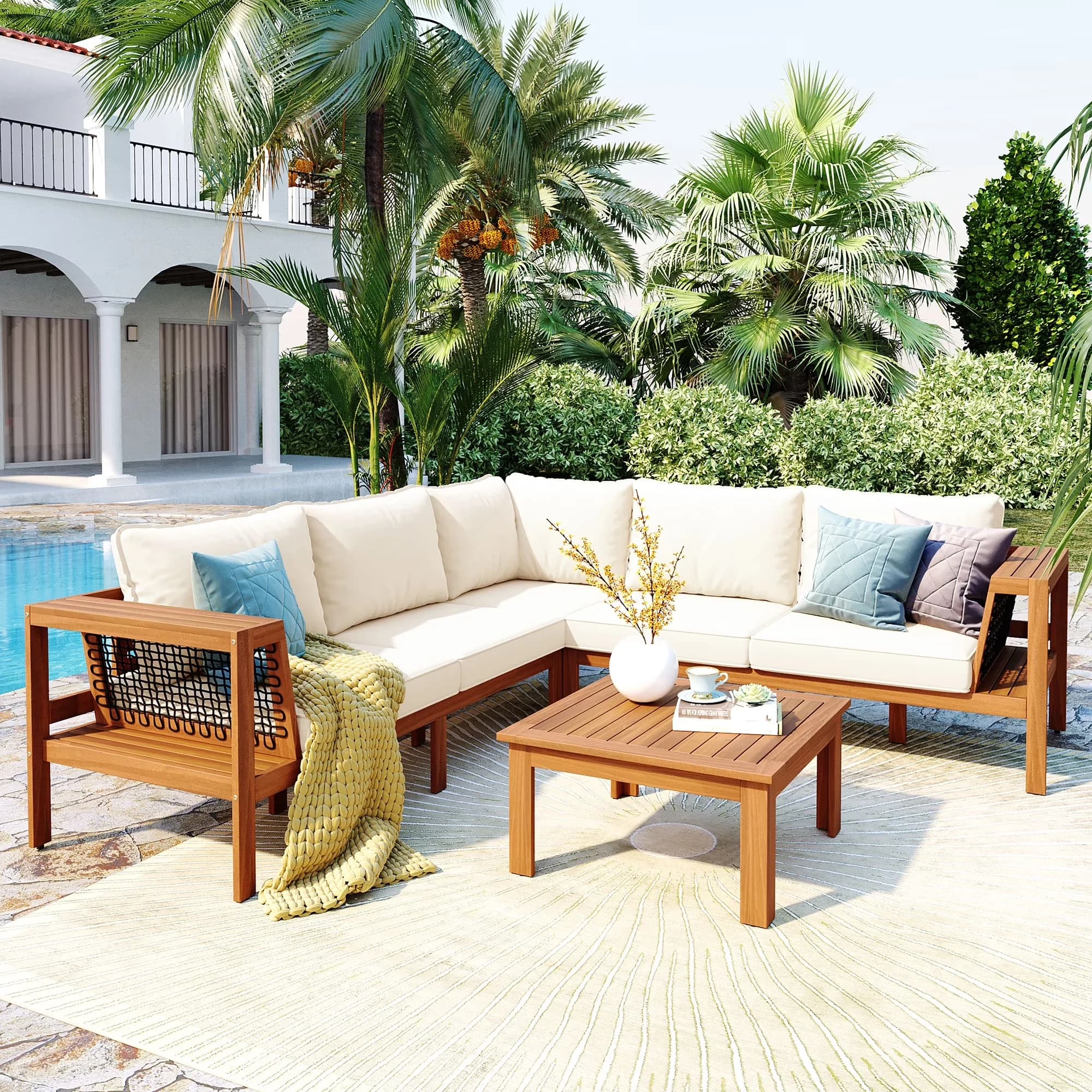 Classic Patio Conversation Set with Weatherproof, L-Shaped Furniture Sofa, Woven Mesh Armrests - Wood Beige,Teak Model 4EDA8F