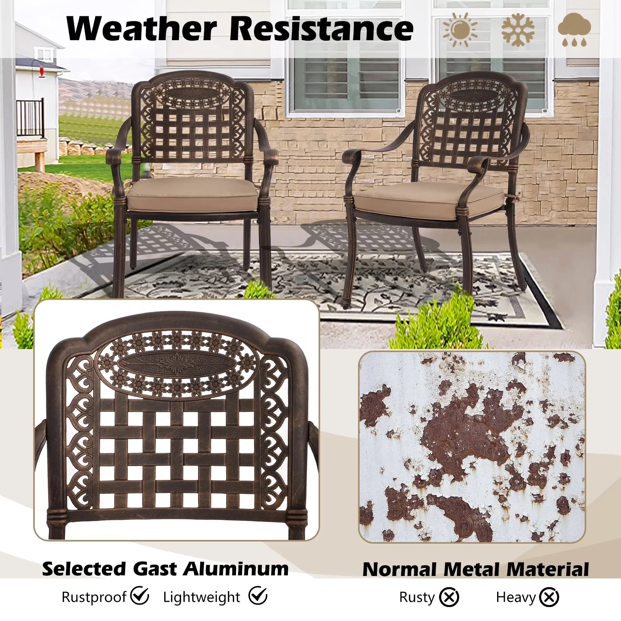 Classic Patio Dining Set with Contemporary, Khaki Cushions, Meterial:cast aluminum - Bronze Cast Aluminum Model 7408F4