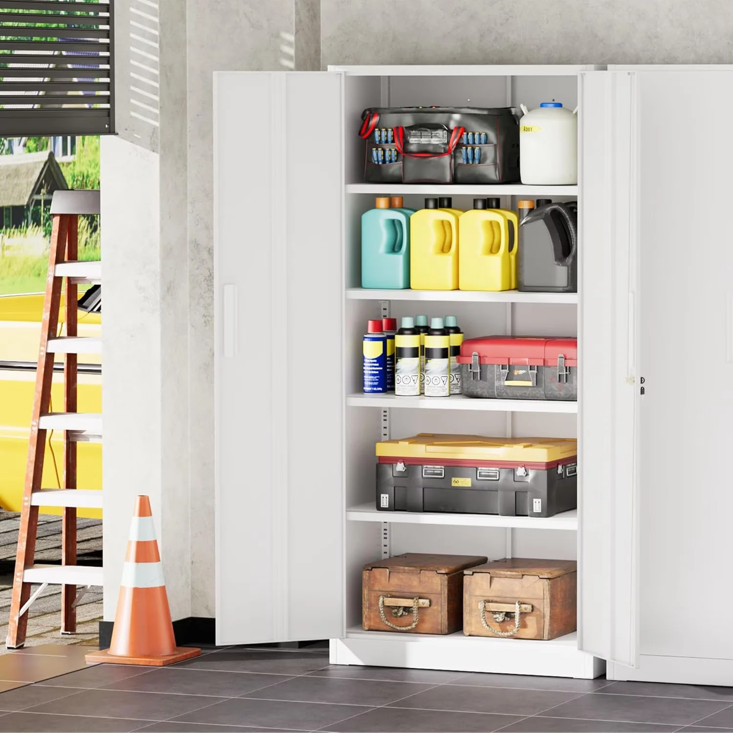 Garage Storage Supply Premium with Contemporary, Adjustable Shelves, 71 inch Tall Steel Cabinet - Metal White for Office, Home Model 67D526