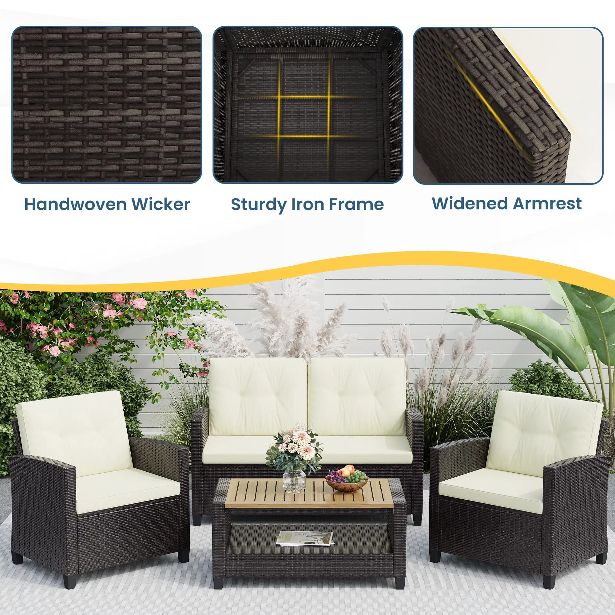 Reliable Patio Conversation Set with Storage, 4-Piece Furniture, Cushion & Wood Table Top - Wood Beige Model BECC24