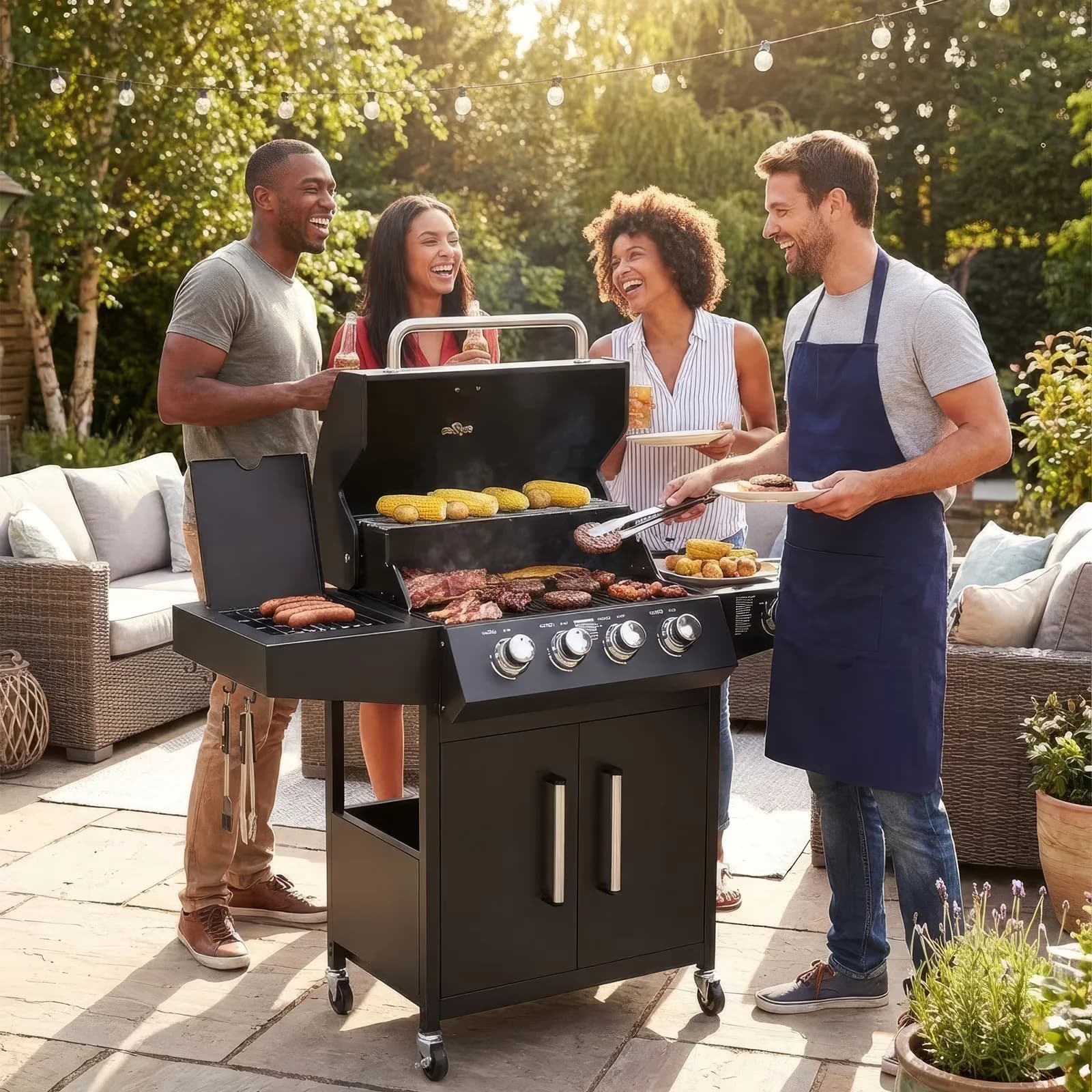 Efficient Gas Grill with 58000 BTU, Portable - Black Porcelain Enameled Cast Iron, Stainless Steel Model 07DB5A
