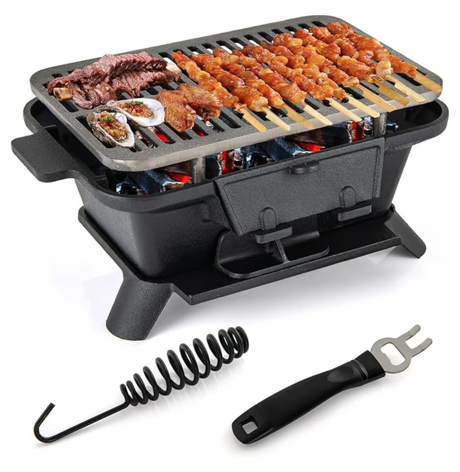 Flat Top Grill Classic with Portable, Grate Lifter, Cast Iron Charcoal - Cast Iron Black for Outdoor, Camping Model 481225