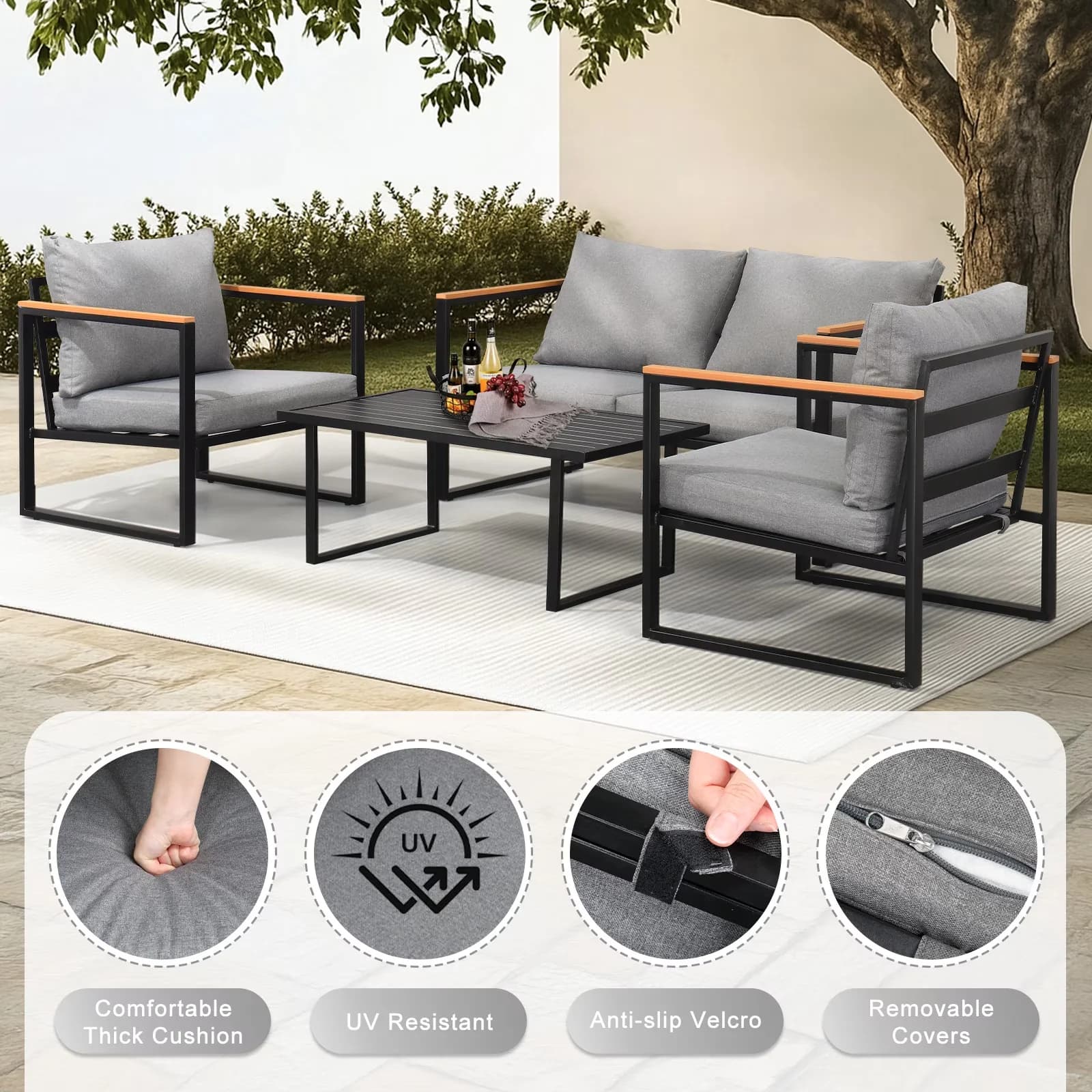 Modern Patio Conversation Set with Weatherproof, All Weather Backyard Sectional Sofa - Gray Iron Model 1CEDB0