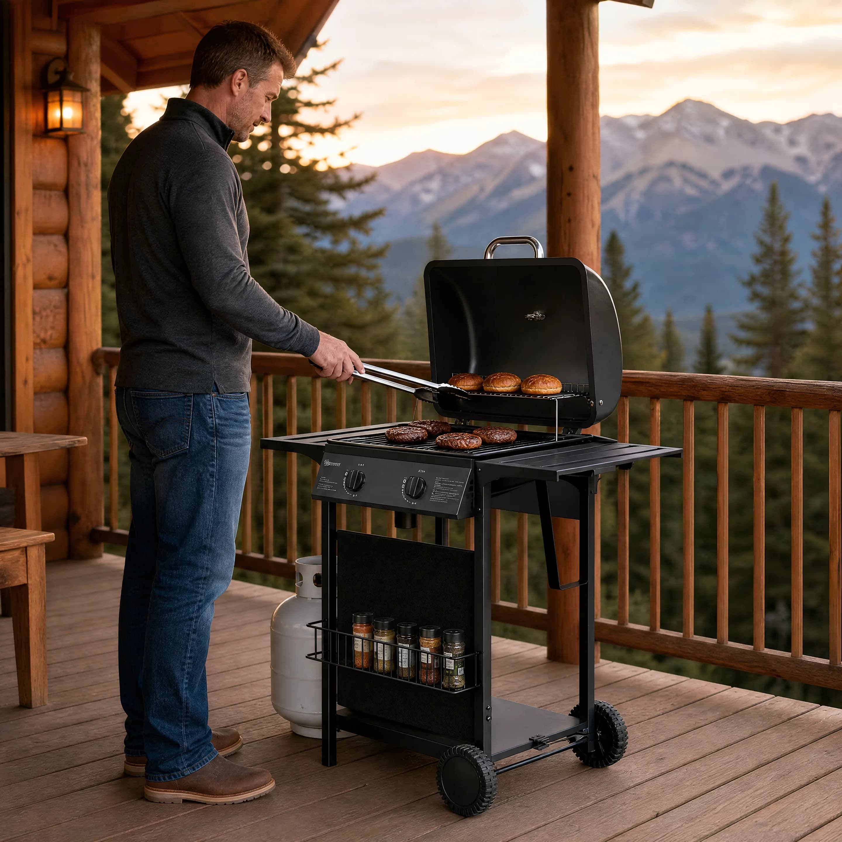 Gas Grill Sleek with 18000 BTU, Warming Rack, Portable - Black Metal,Oxford Fabric for Patio, Garden Model FBB015