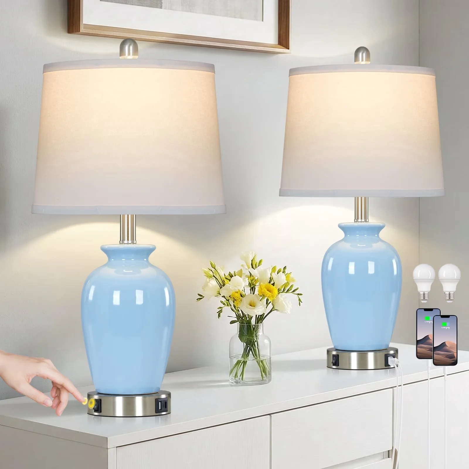 Lamp Set Sleek with LED, Farmhouse - Blue Ceramic, Metal for Living Room, Bedroom Model B35256