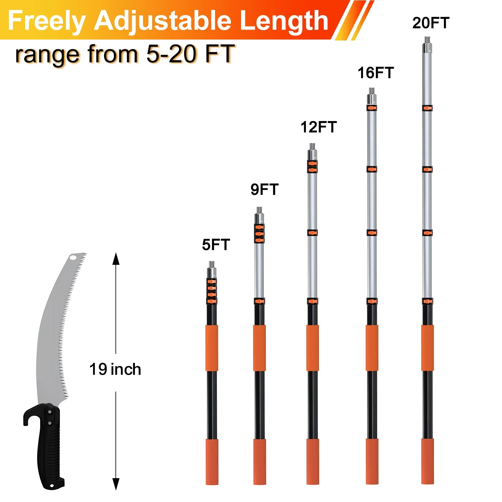 Durable Pole Saw with Telescoping, Manual Branches Pruner, 26FT - Orange Model D73E72