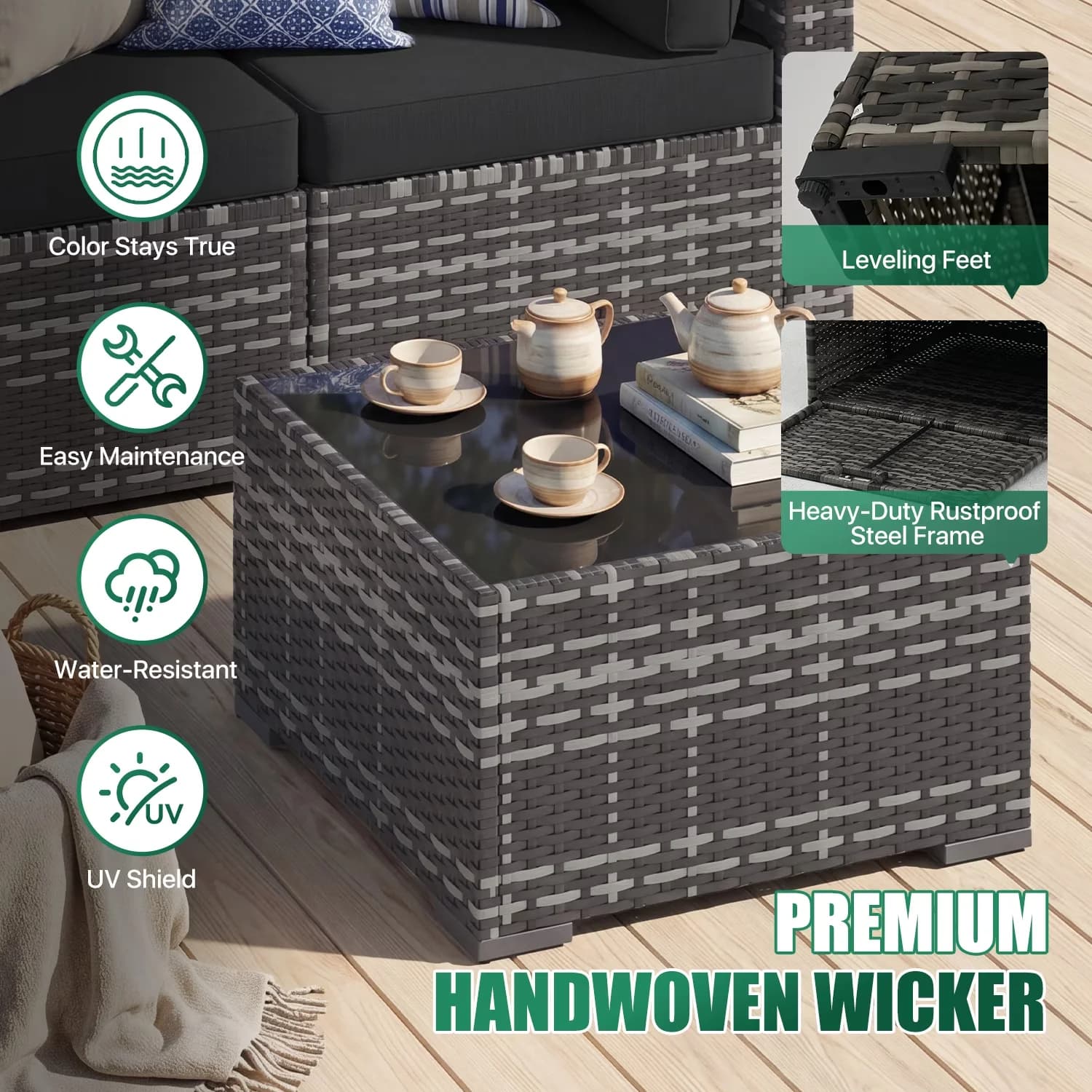 Patio Conversation Set Professional with Weatherproof, Rattan Wicker Outdoor Sectionals, 6 Sofas and 1 Coffee Table - Black Rattan,... Model 8ADE71