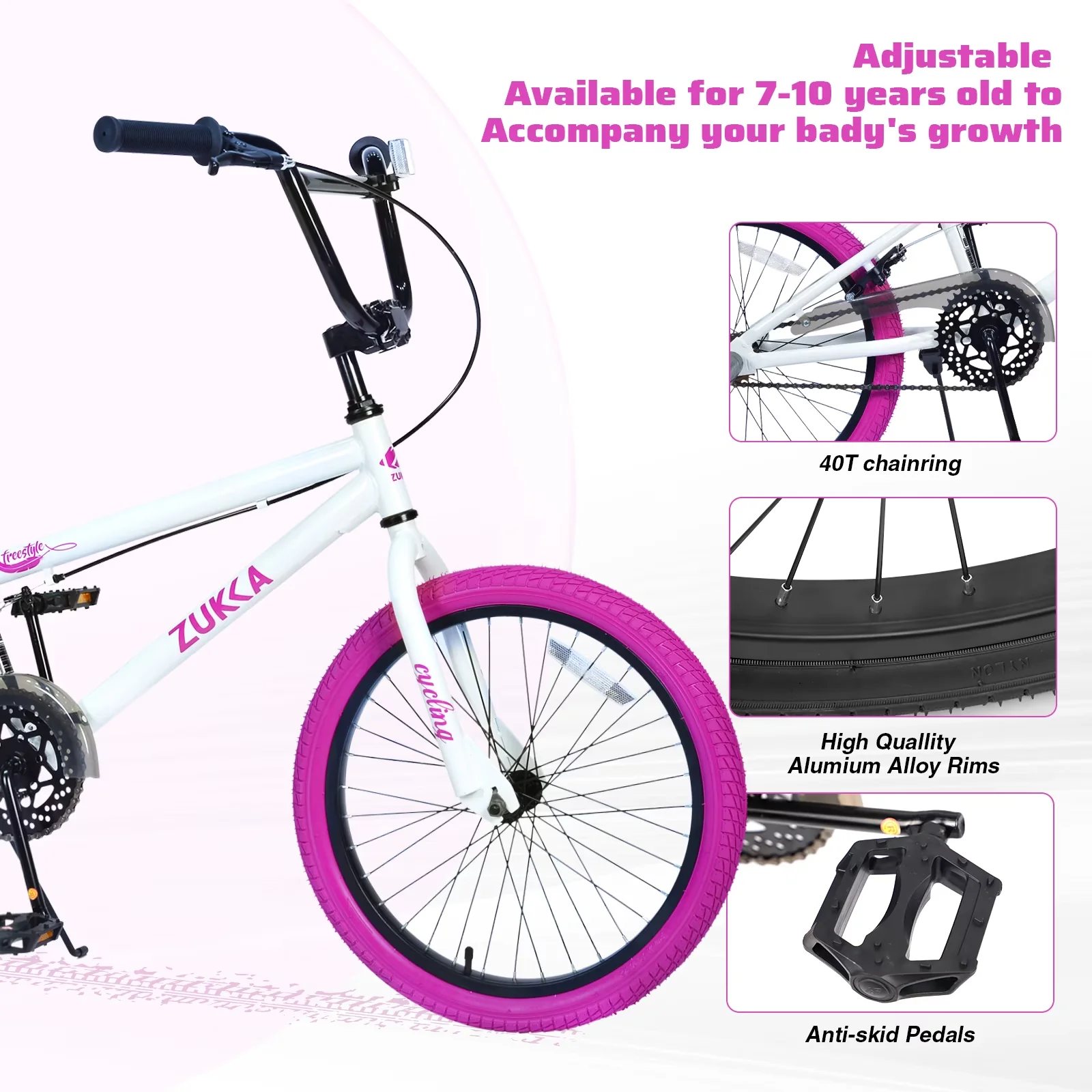 Stylish Mountain Bike with Adjustable Seat Height, Lightweight, 20 Inch Freestyle MTB - White Model F4F8FB