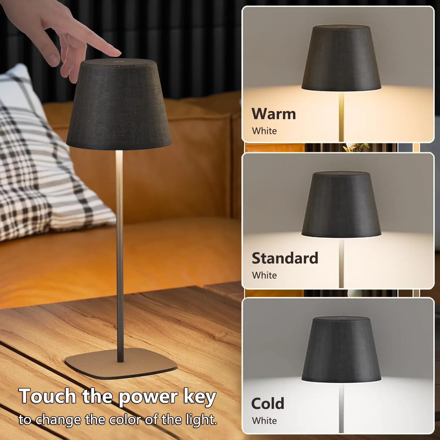 Durable Lamp with LED, Battery, 12" Rechargeable Touch Table - Black Metal, Fabric Model 3FF2A8