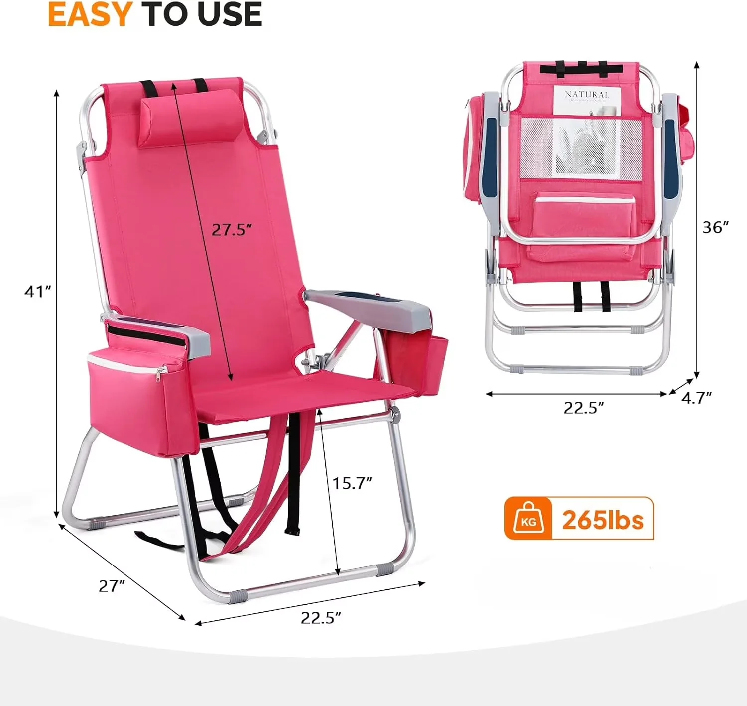 Beach Chair Professional with Adjustable, Cup Holder & Towel Rack, 16" Backpack Chairs Set of 2 - Pink Aluminum, Fabric for Camping,... Model 7CEAEE