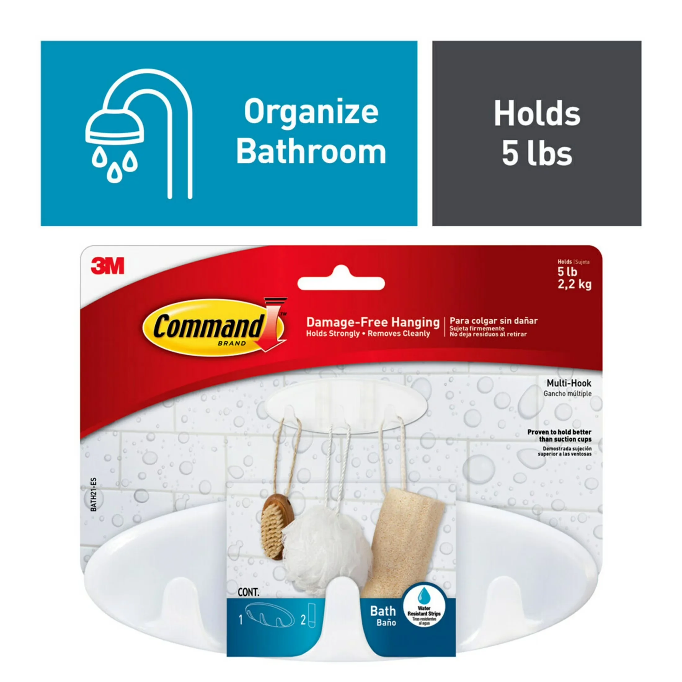 Sleek Damage-Free Hanging with Wall-Mountable, INCLUDES – 1 Multi-Hook, 2 Large Strips - White Plastic Model B912C2