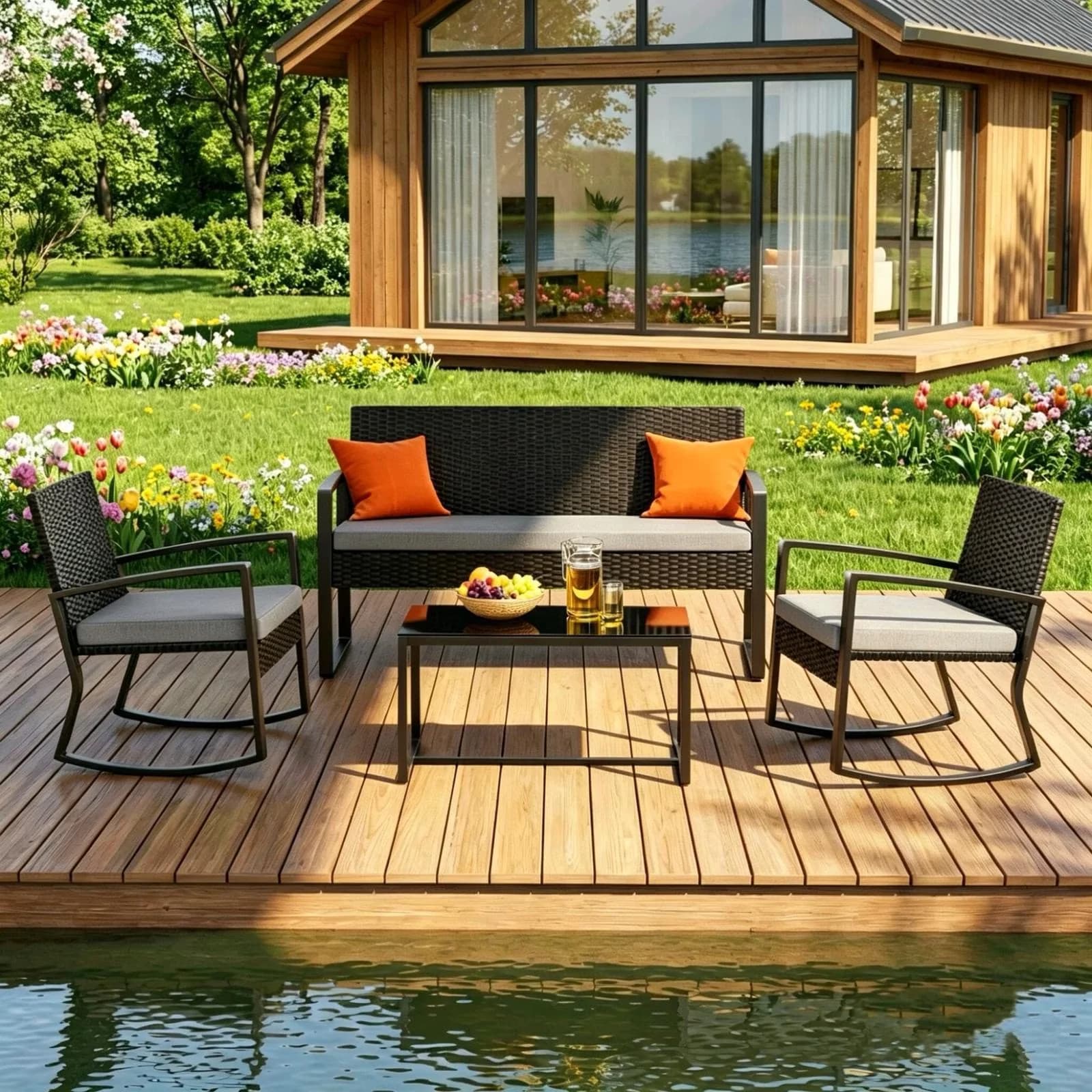 Patio Conversation Set Versatile with Weatherproof, Furniture, Rattan Wicker Rocking Chairs - Gray Pe Rattan, Steel,Sponge, Toughened... Model 8AB7A4